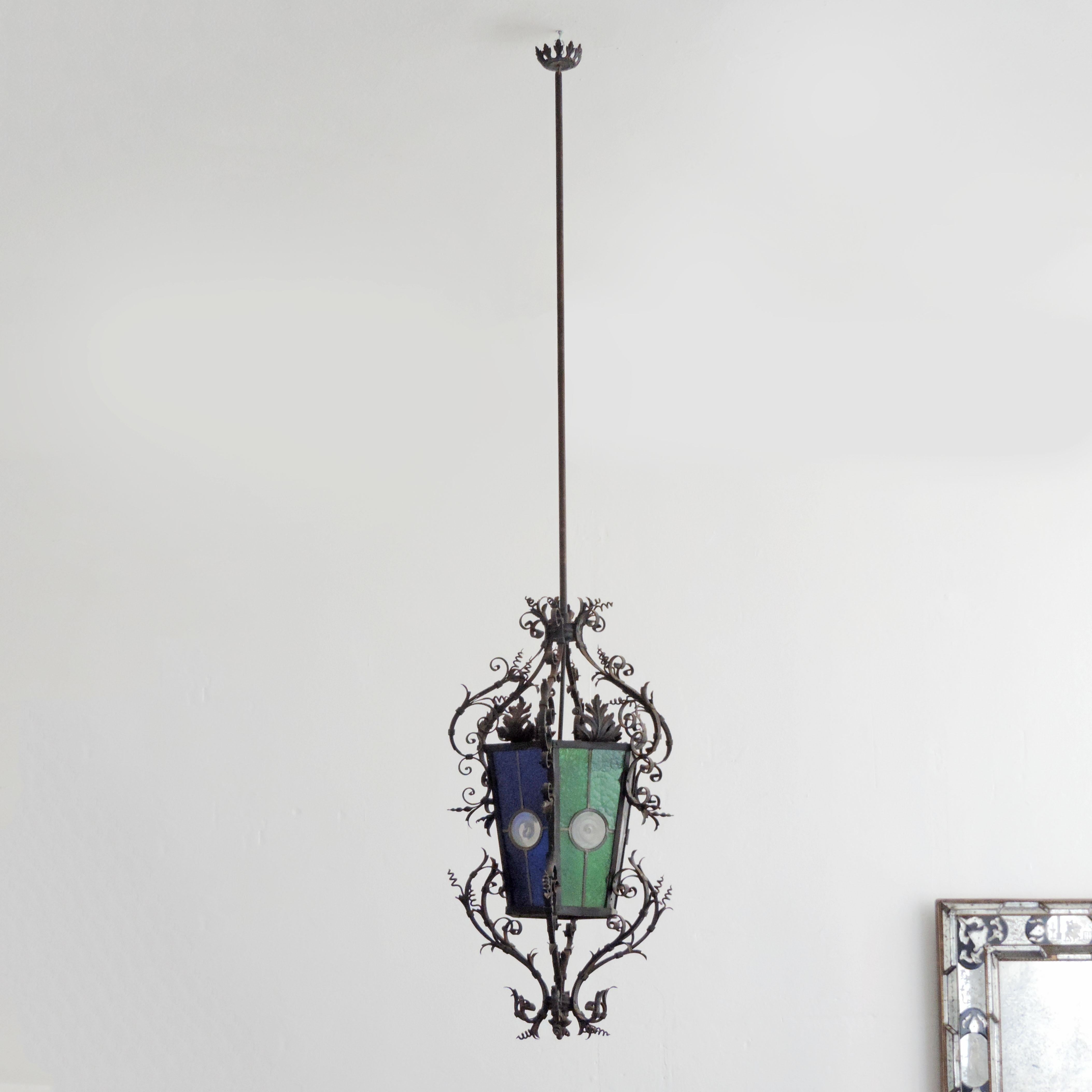 Gothic Revival Monumental Italian Lantern in Wrought Iron and Stained Glass For Sale