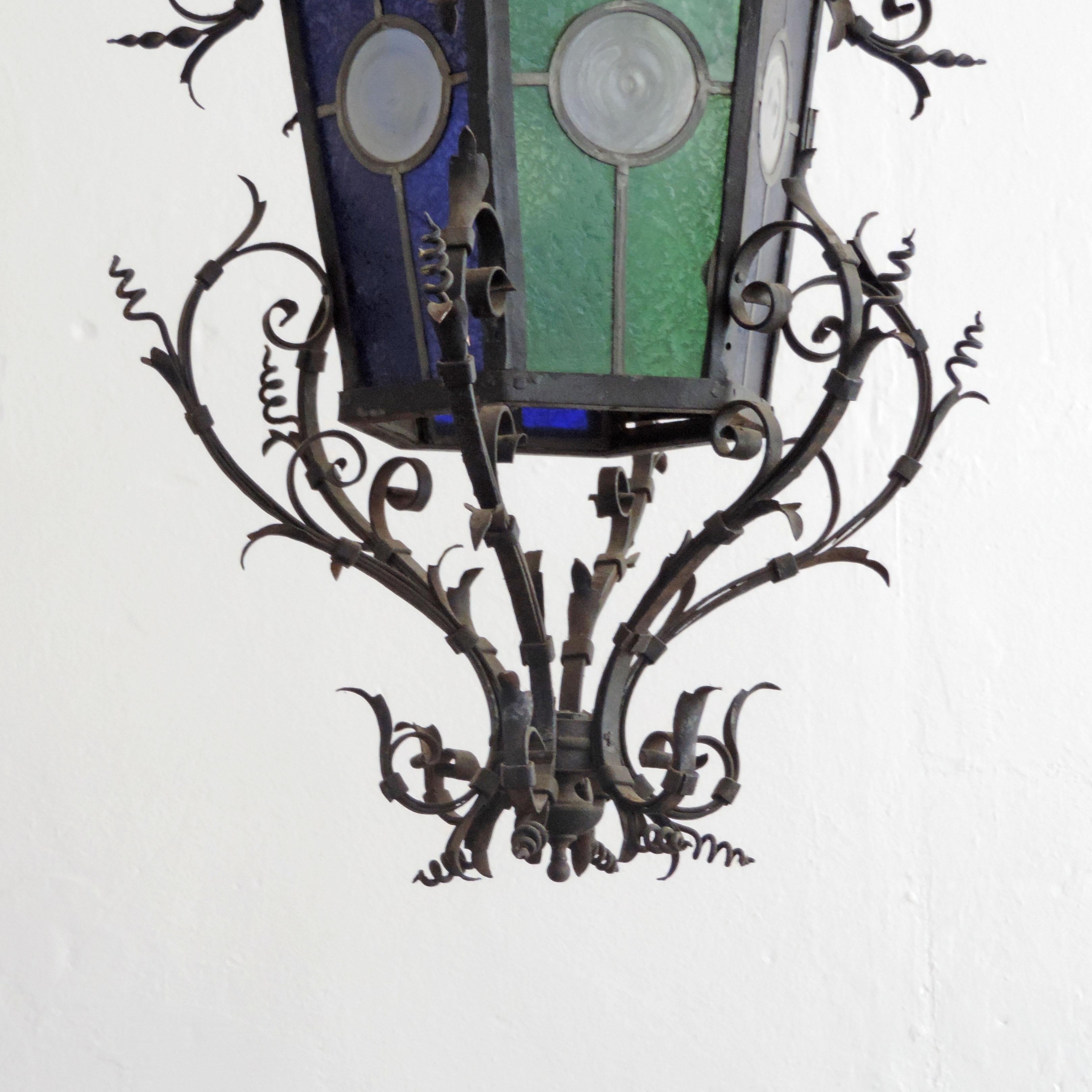 Monumental Italian Lantern in Wrought Iron and Stained Glass In Good Condition For Sale In Milan, IT