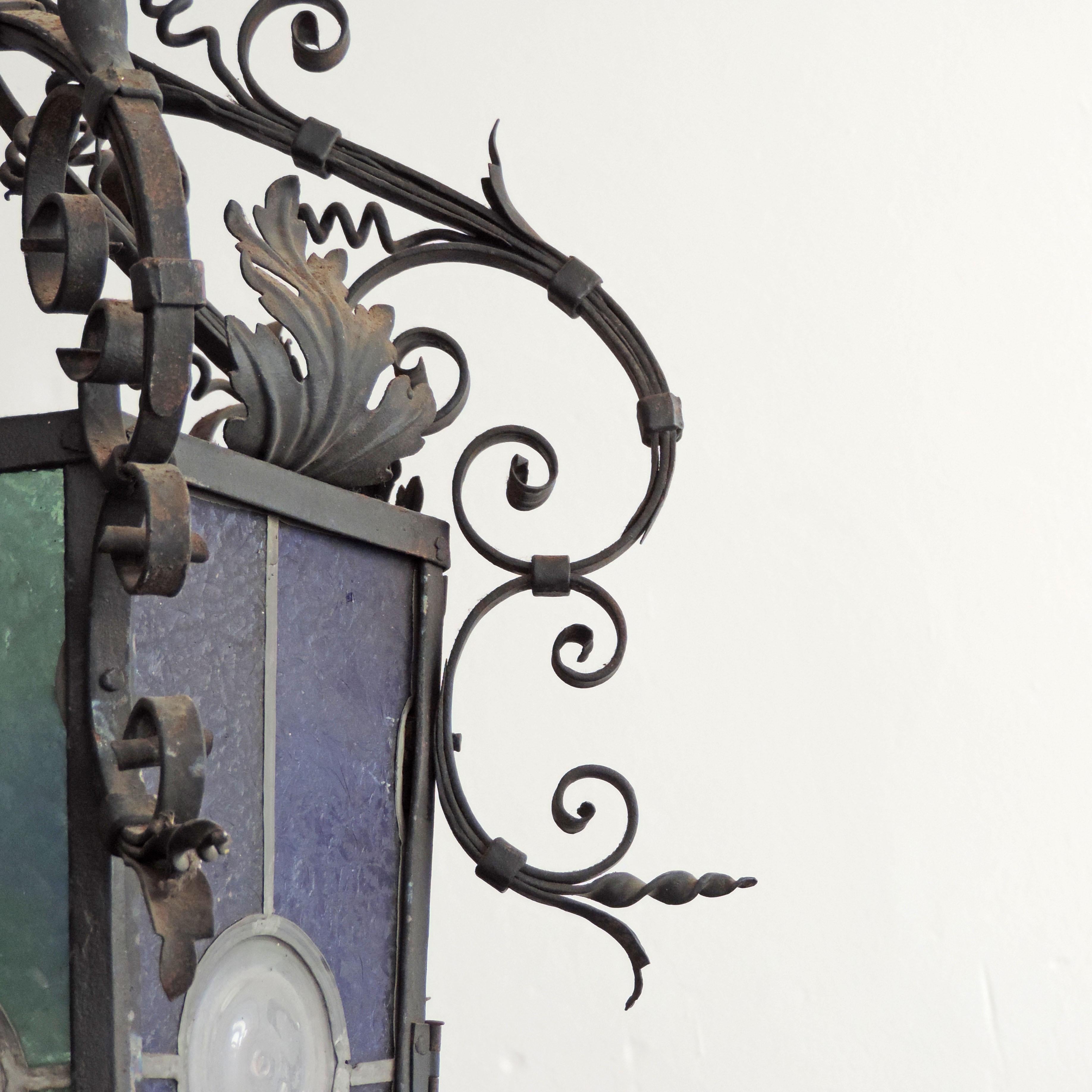 Monumental Italian Lantern in Wrought Iron and Stained Glass For Sale 2