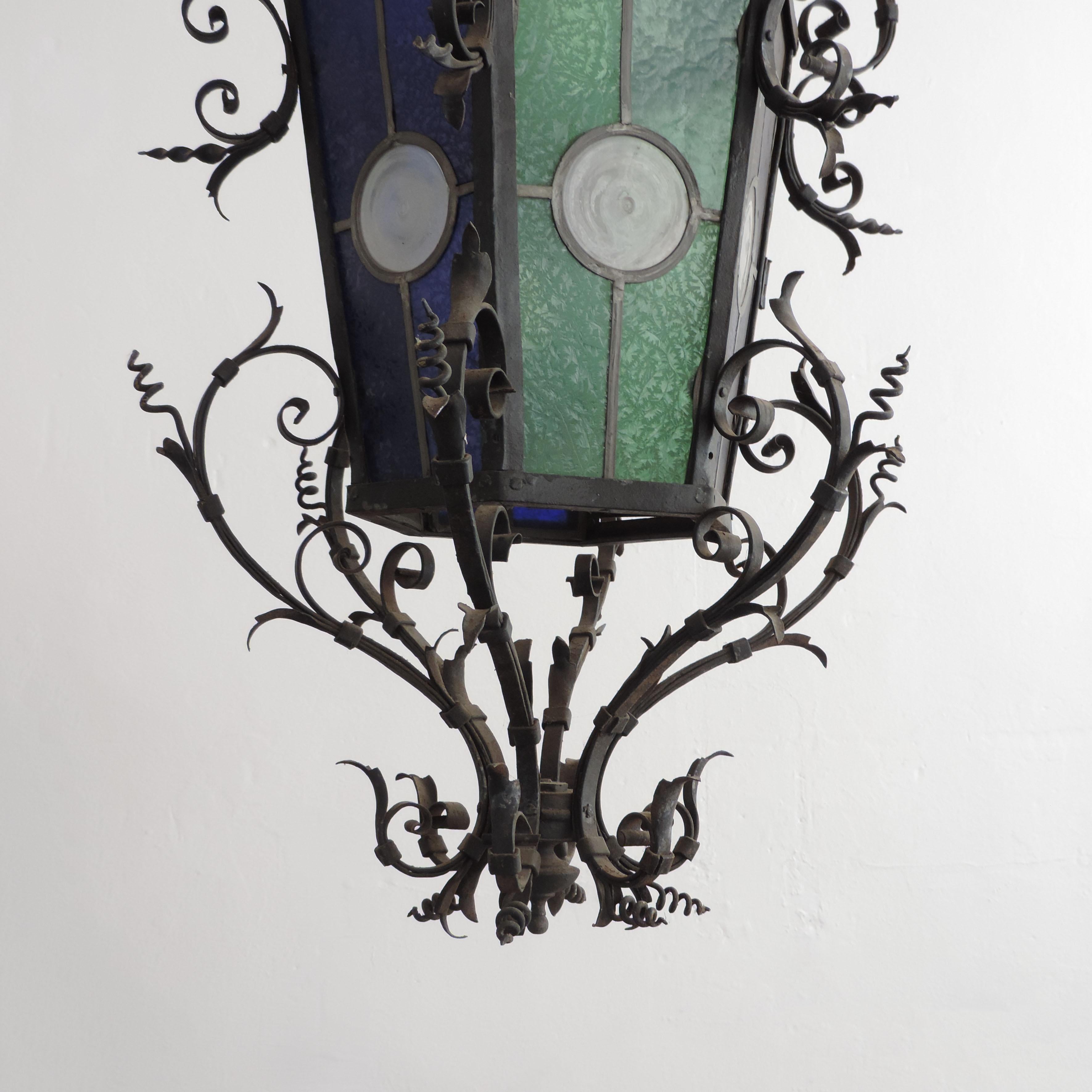 Monumental Italian Lantern in Wrought Iron and Stained Glass For Sale 3