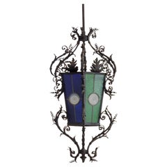 Antique Monumental Italian Lantern in Wrought Iron and Stained Glass