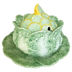 Monumental Italian Majolica Cabbage & Citrus Tureen, Trompe l’Oeil Centerpiece