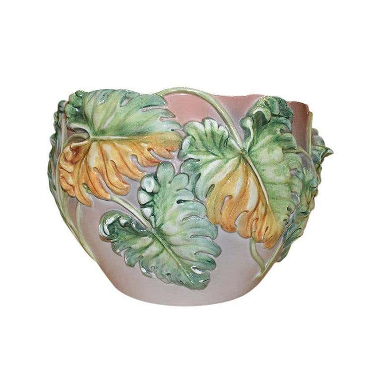 Monumental Italian Majolica Jardinière Planter Container with Palm Frond Details In Good Condition For Sale In Oklahoma City, OK
