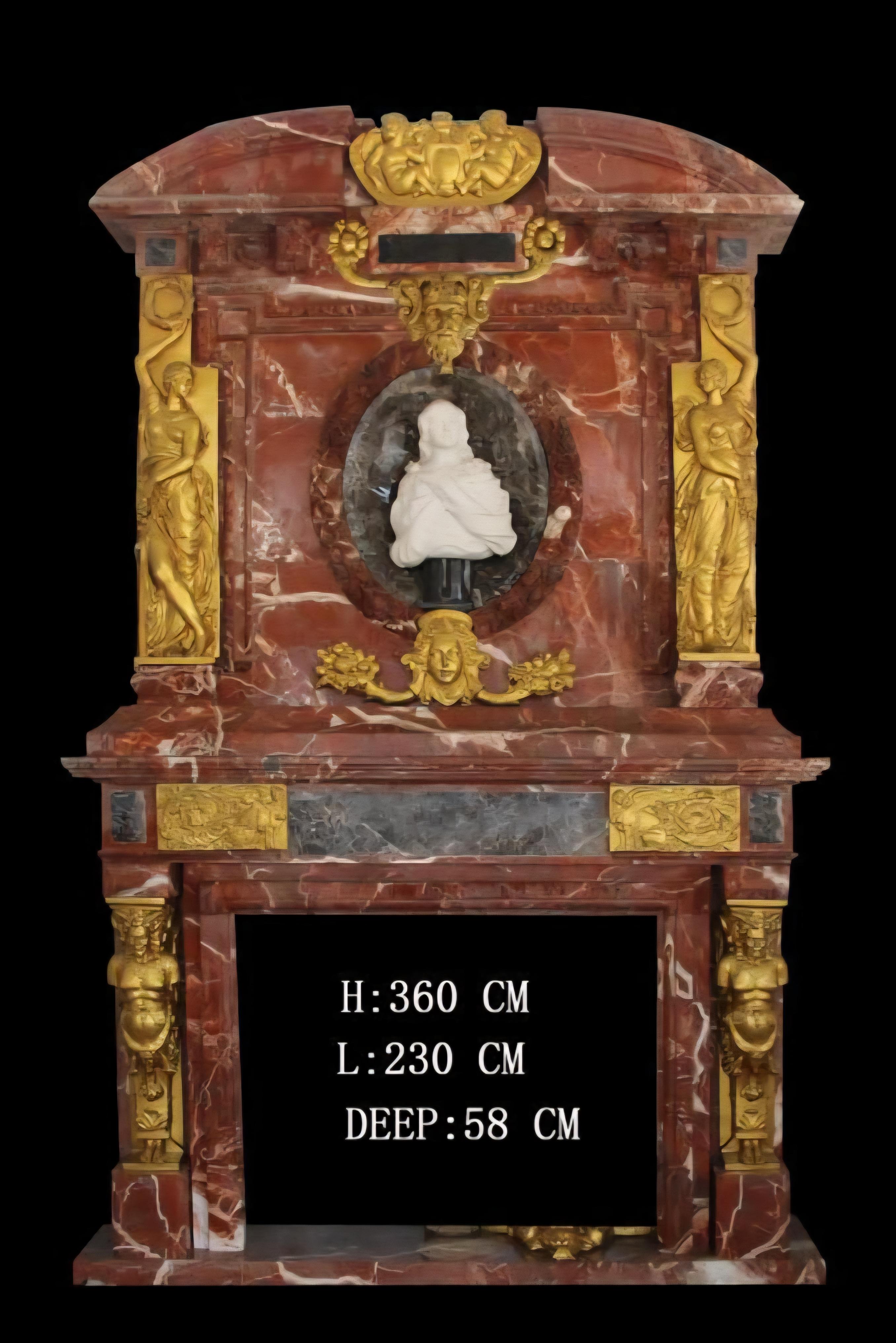 Fin du 20e siècle Cheminée monumentale en marbre italien avec ornements en bronze, 360 CM en vente