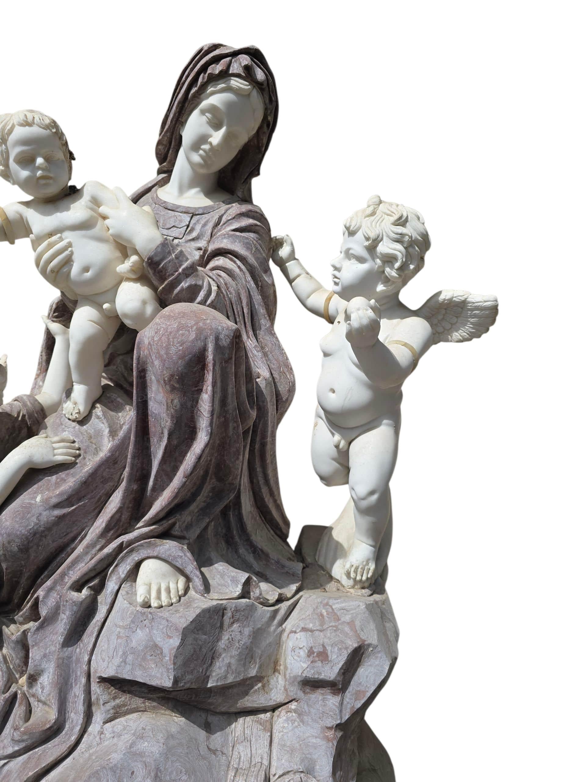 Late 20th Century Monumental Italian Marble Sculpture of the Virgin Mary with Cherubs, 20th Centur For Sale