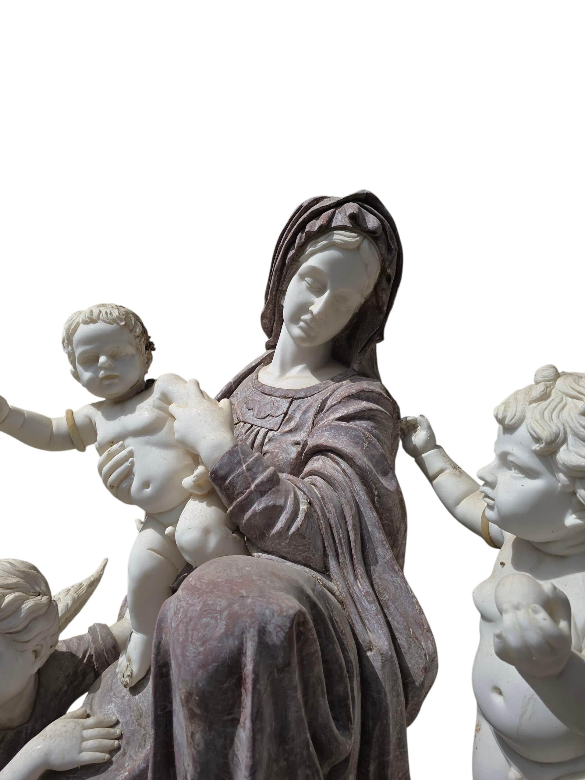 Monumental Italian Marble Sculpture of the Virgin Mary with Cherubs, 20th Centur For Sale 2
