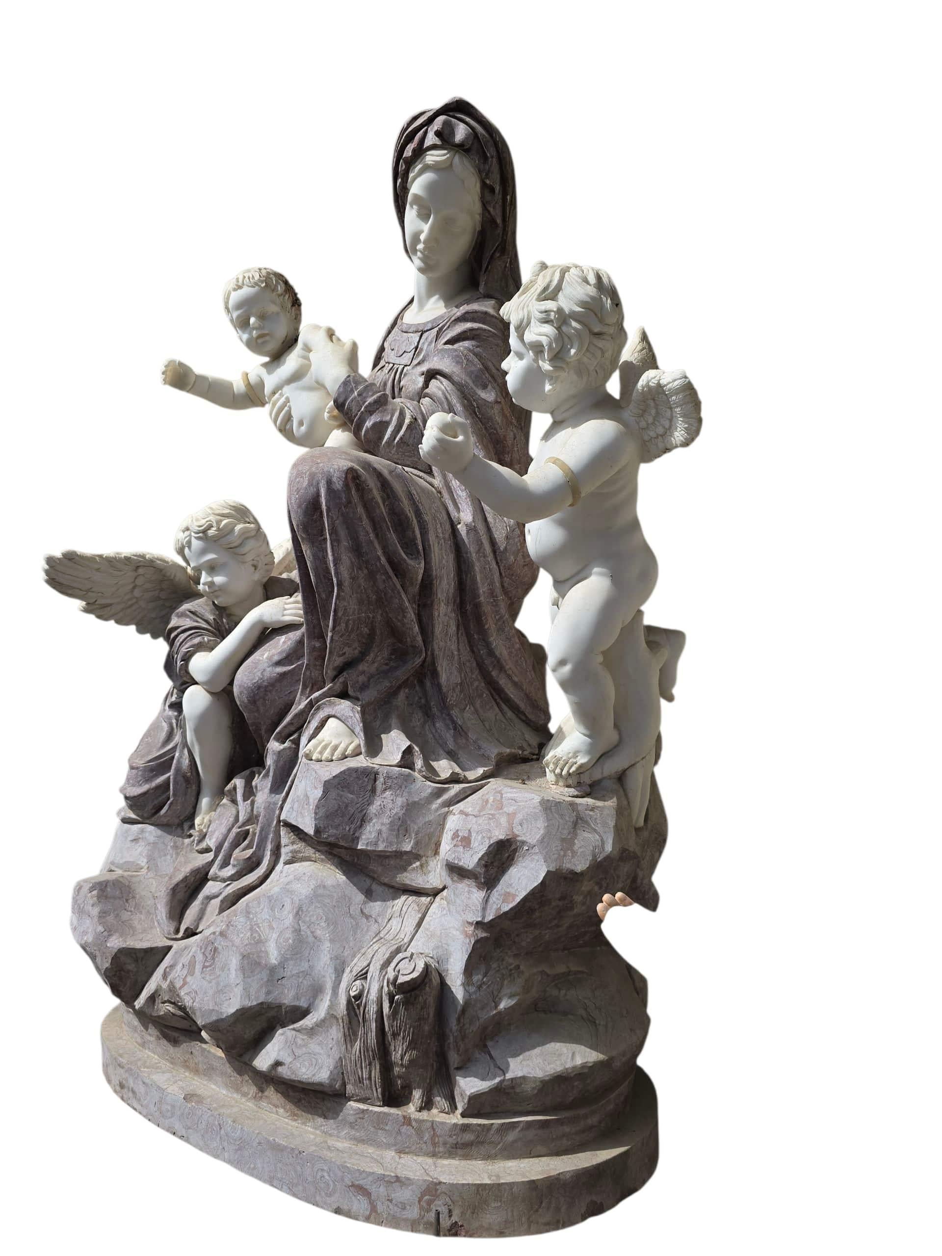 Monumental Italian Marble Sculpture of the Virgin Mary with Cherubs, 20th Centur For Sale 3