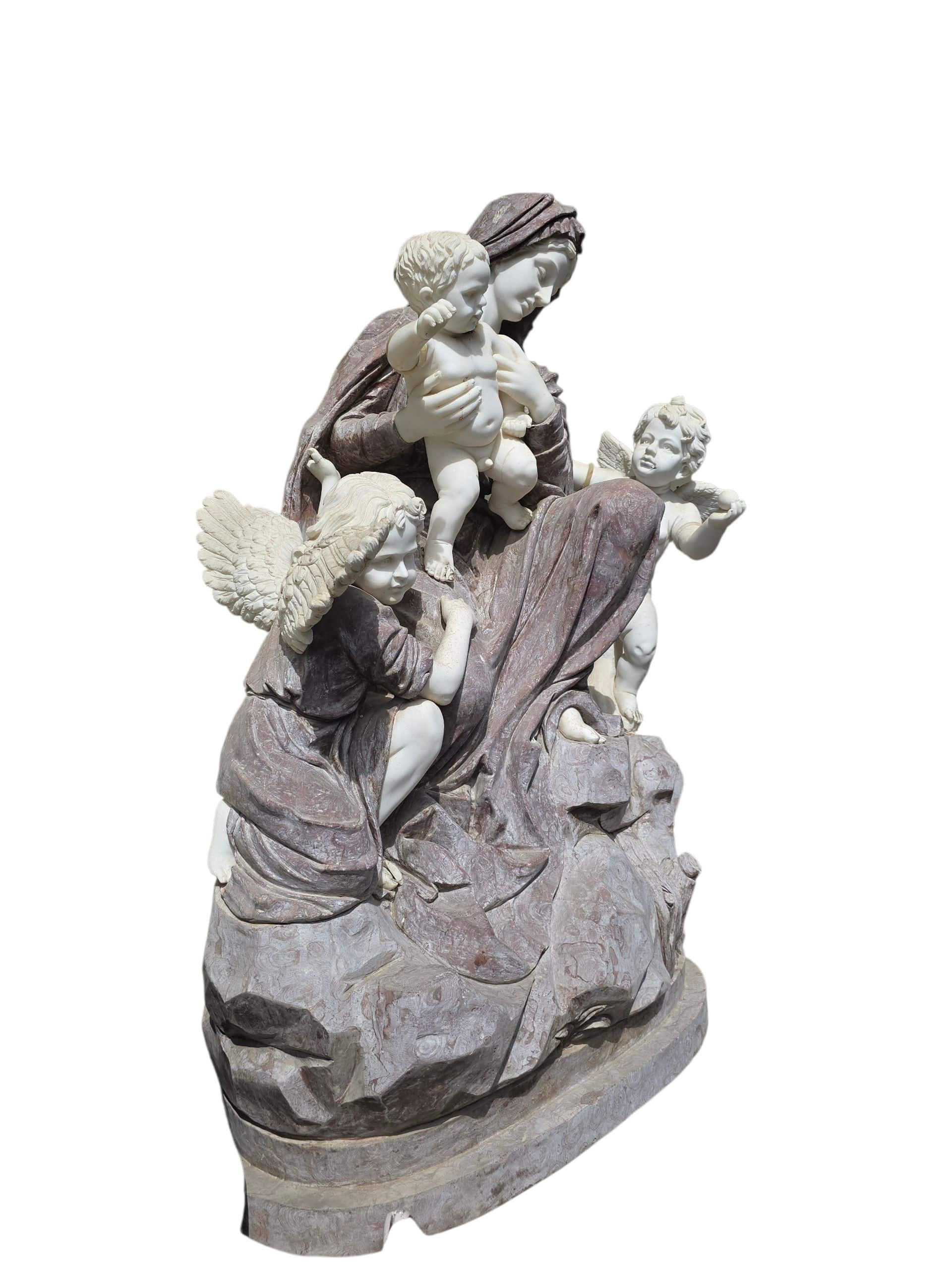 Monumental Italian Marble Sculpture of the Virgin Mary with Cherubs, 20th Centur For Sale 4