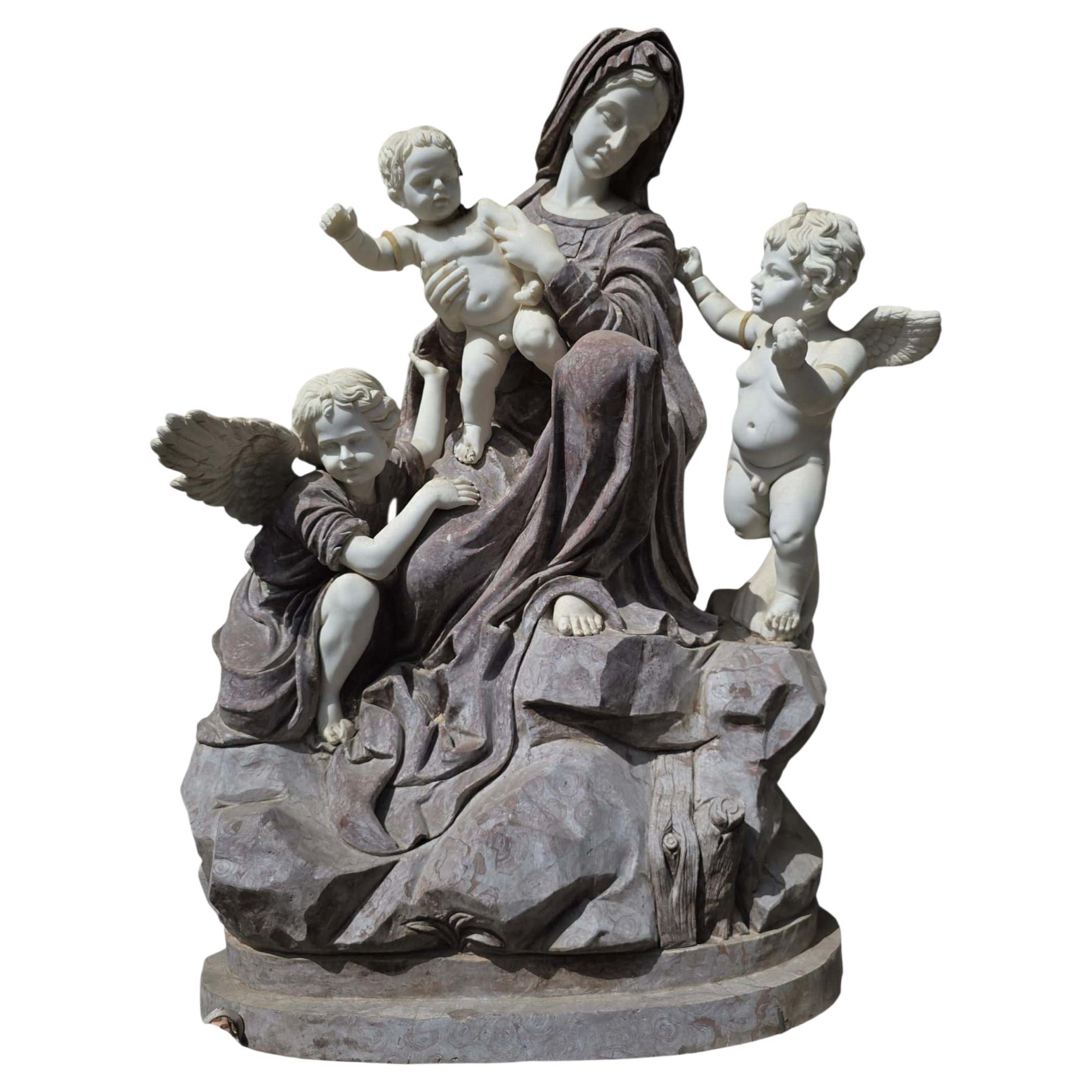 Monumental Italian Marble Sculpture of the Virgin Mary with Cherubs, 20th Centur For Sale