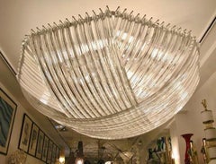 Monumental Italian Minimalist Crystal Murano Glass Curved Chandelier/Flushmount