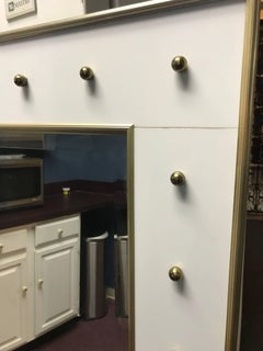 Monumental Mid Century Modern White Glass And Brass Ball Mirror
