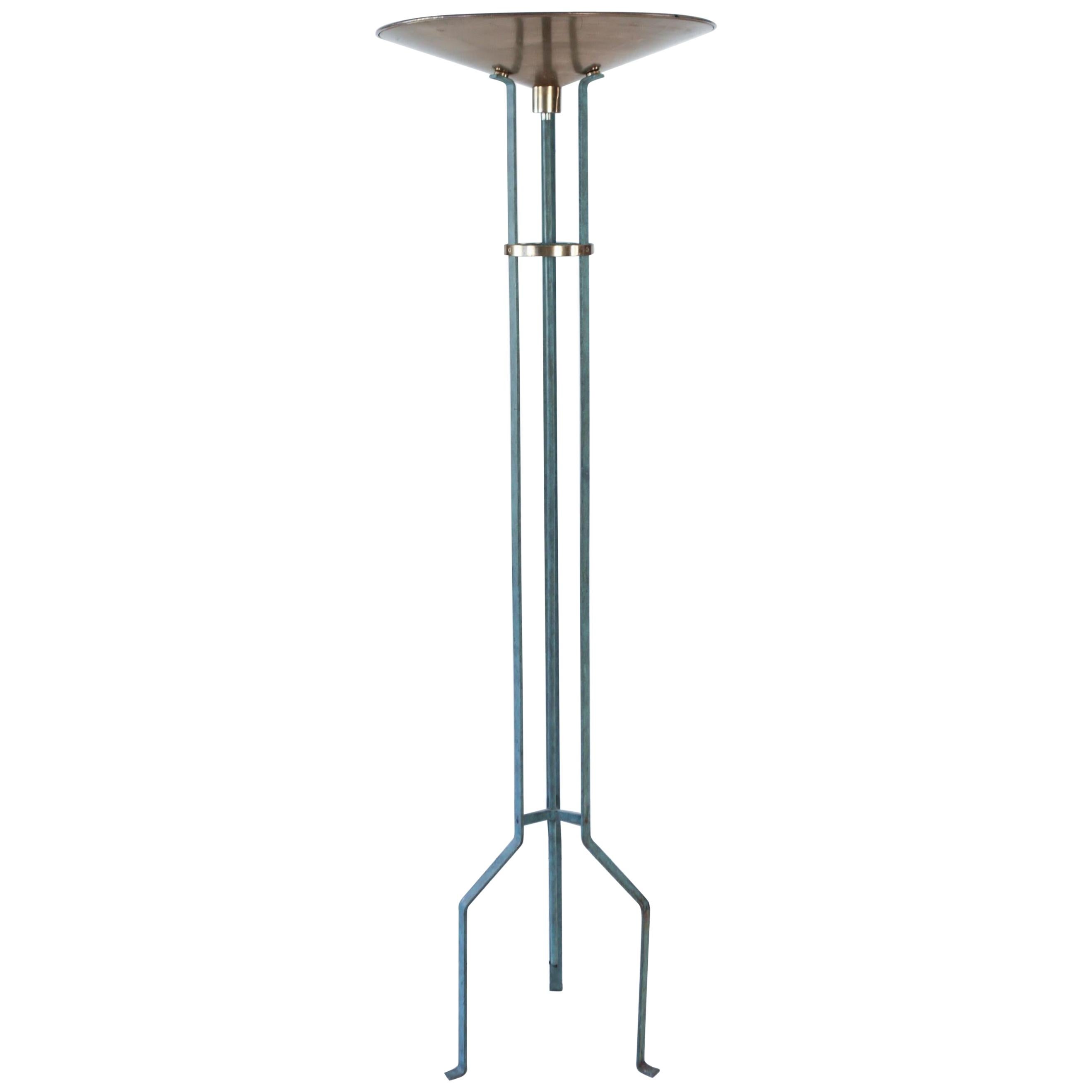 Monumental Italian Modernist Brass and Iron Torchiere Floor Lamp, 1970s