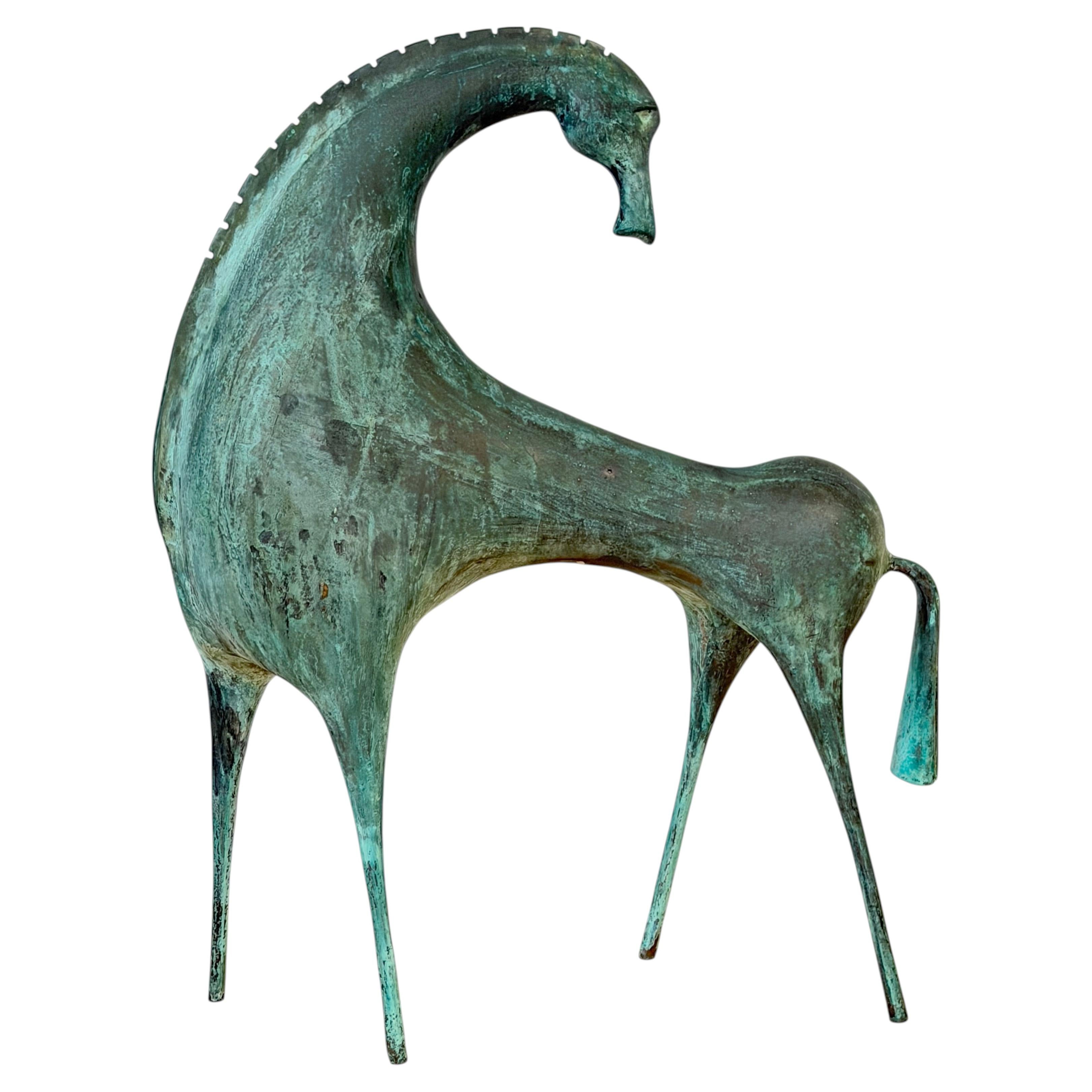 Monumentale italienische modernistische Pferdeskulptur aus patinierter Bronze, etruskischer Geschmack