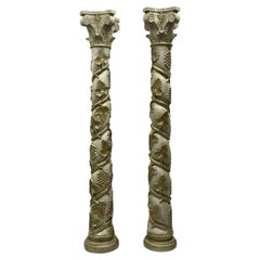 Vintage Monumental Italian Neo-Classical Style Pine & Giltwood Columns W/ Capitols -Pair