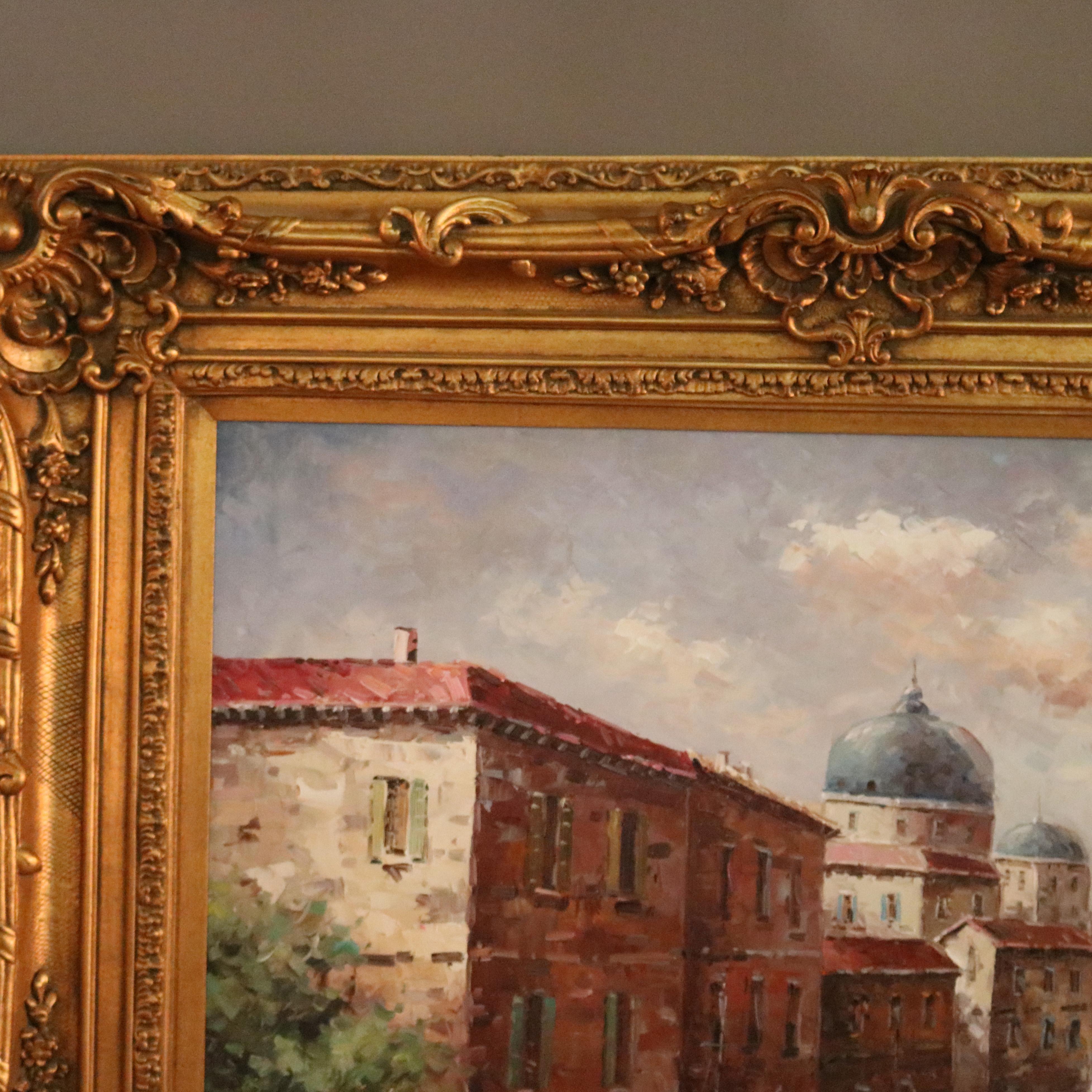 A monumental oil on canvas painting depicts Venetian scene signed Petrini with waterway and structures, artist signed lower right, seated in giltwood frame, 20th century

Measures - 62.75'' H x 86.25'' W x 6'' D.