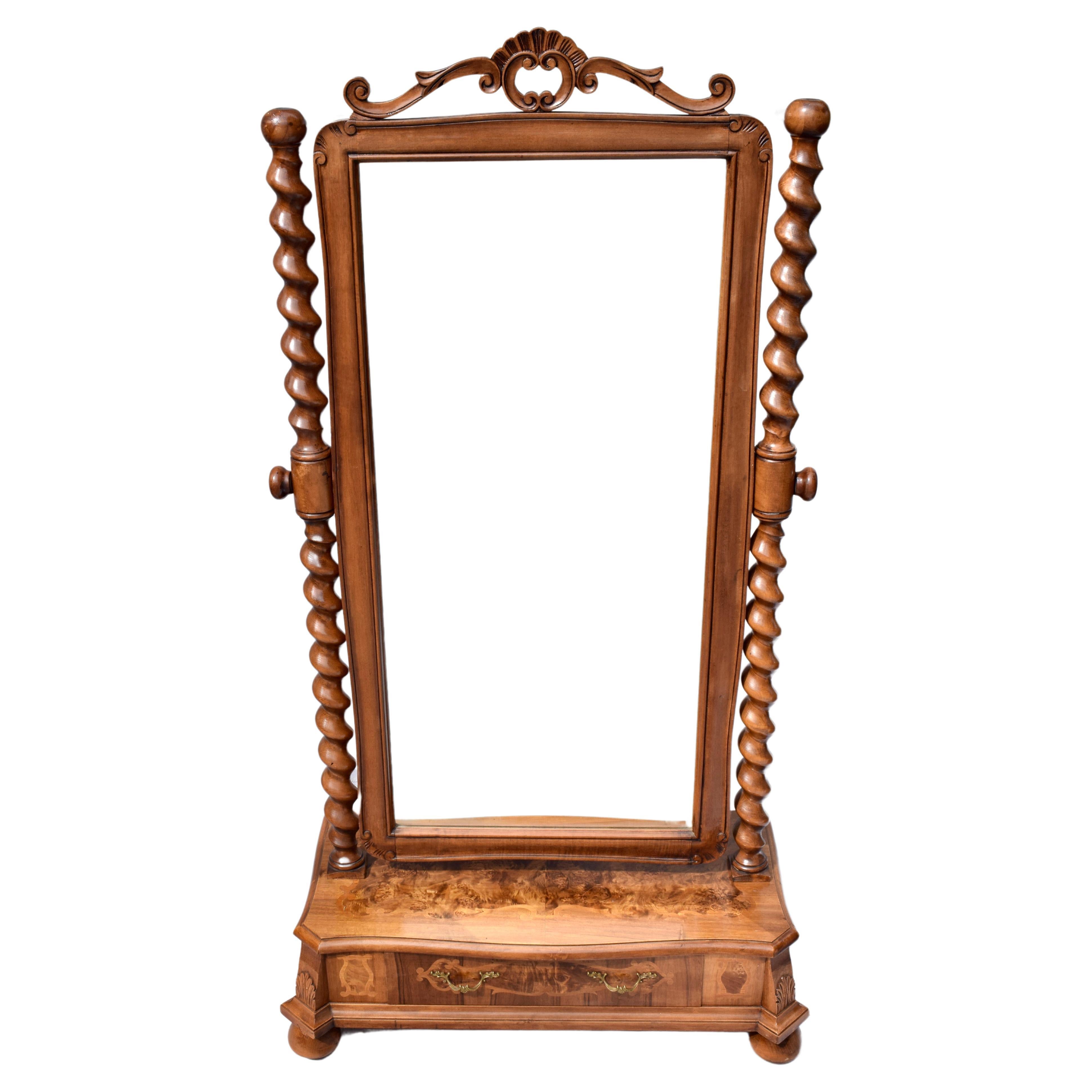 Antique Italian Baroque style burl olive & walnut 'barley-twist' cheval/dressing mirror with classically carved details. Two substantial barley twist columns insert solidly into the base boasting one generously sized dovetailed damask lined drawer
