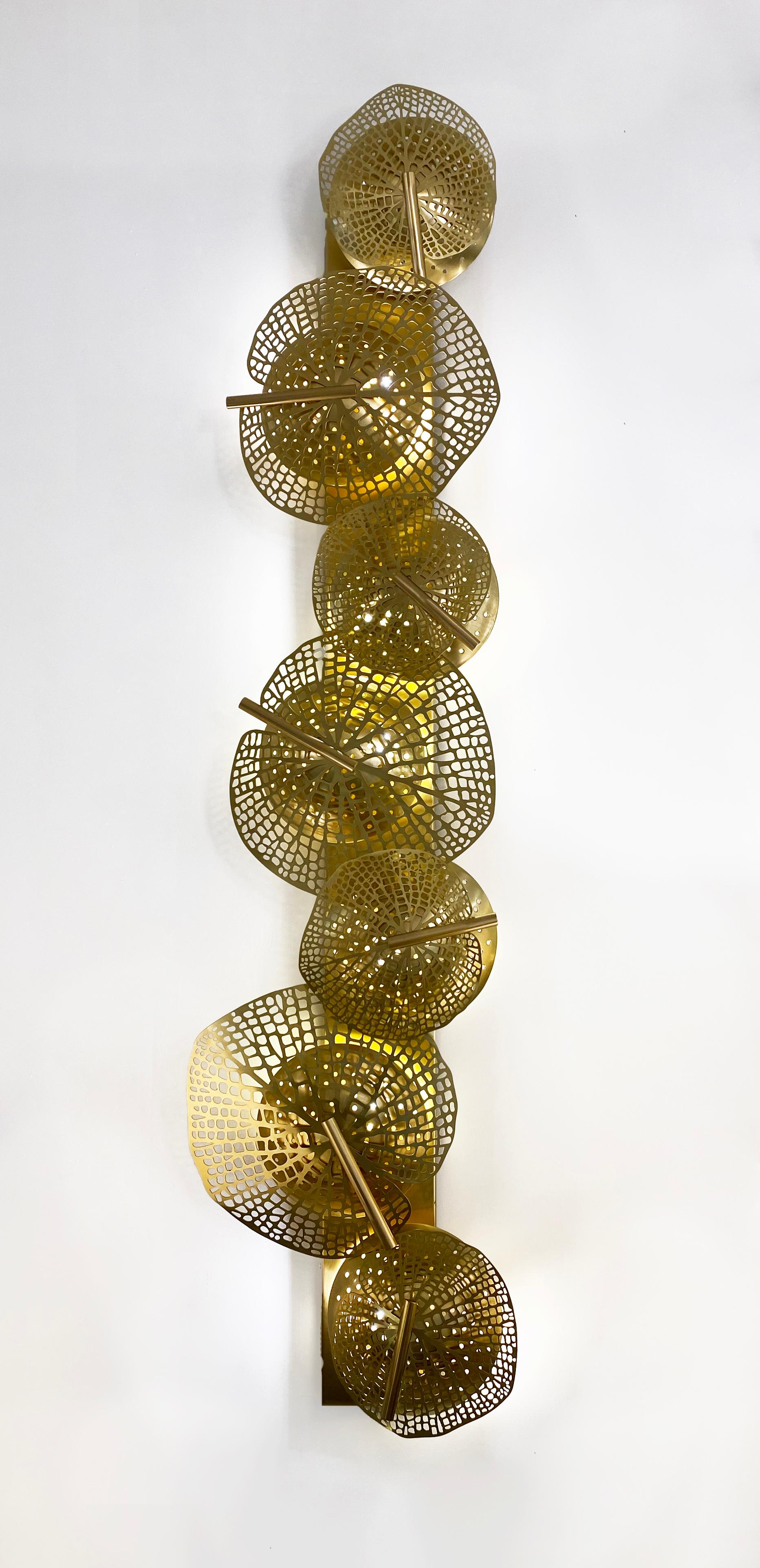 Contemporary Monumental Italian Organic Art Design Modern Perforated Brass Leaf Sconce For Sale