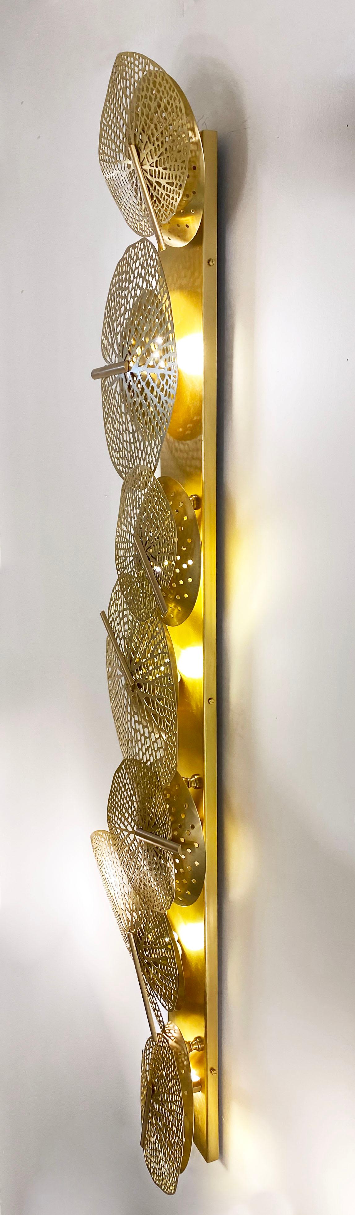 Metal Monumental Italian Organic Art Design Modern Perforated Brass Leaf Sconce For Sale