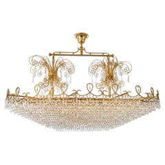 Monumental Italian Oval Crystal Chandelier with Ornate Brass Frame, Circa 1970