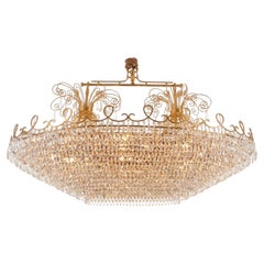 Monumental Italian Oval Crystal Chandelier with Ornate Brass Frame, Circa 1970