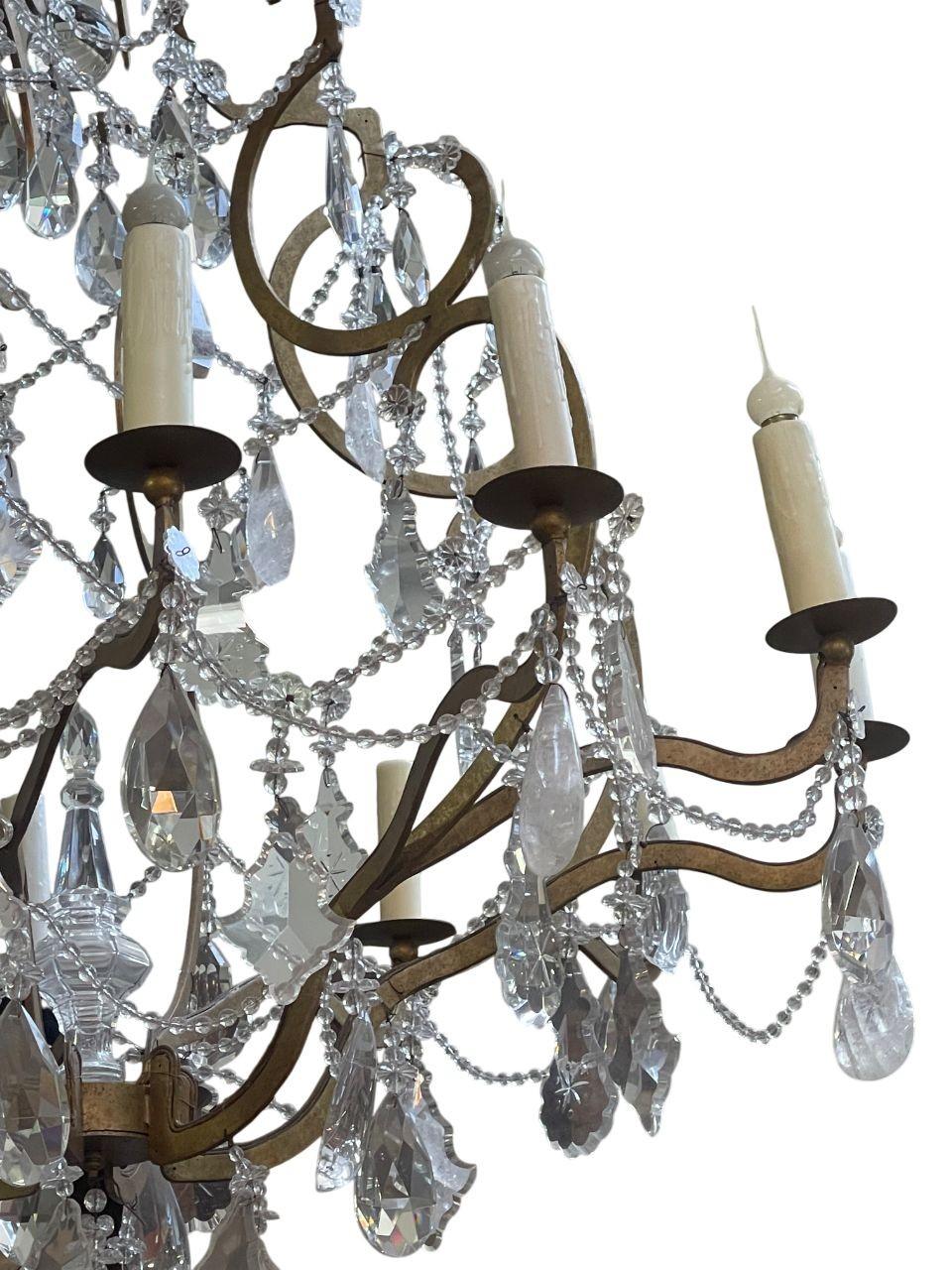 Monumental Italian Rock Crystal & Wrought Iron Chandelier, 20th Century. For Sale 3