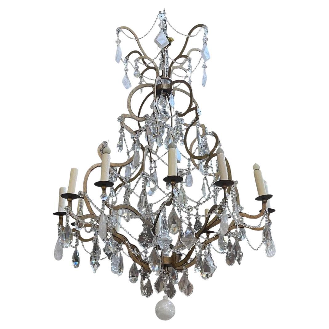 Monumental Italian Rock Crystal & Wrought Iron Chandelier, 20th Century. For Sale