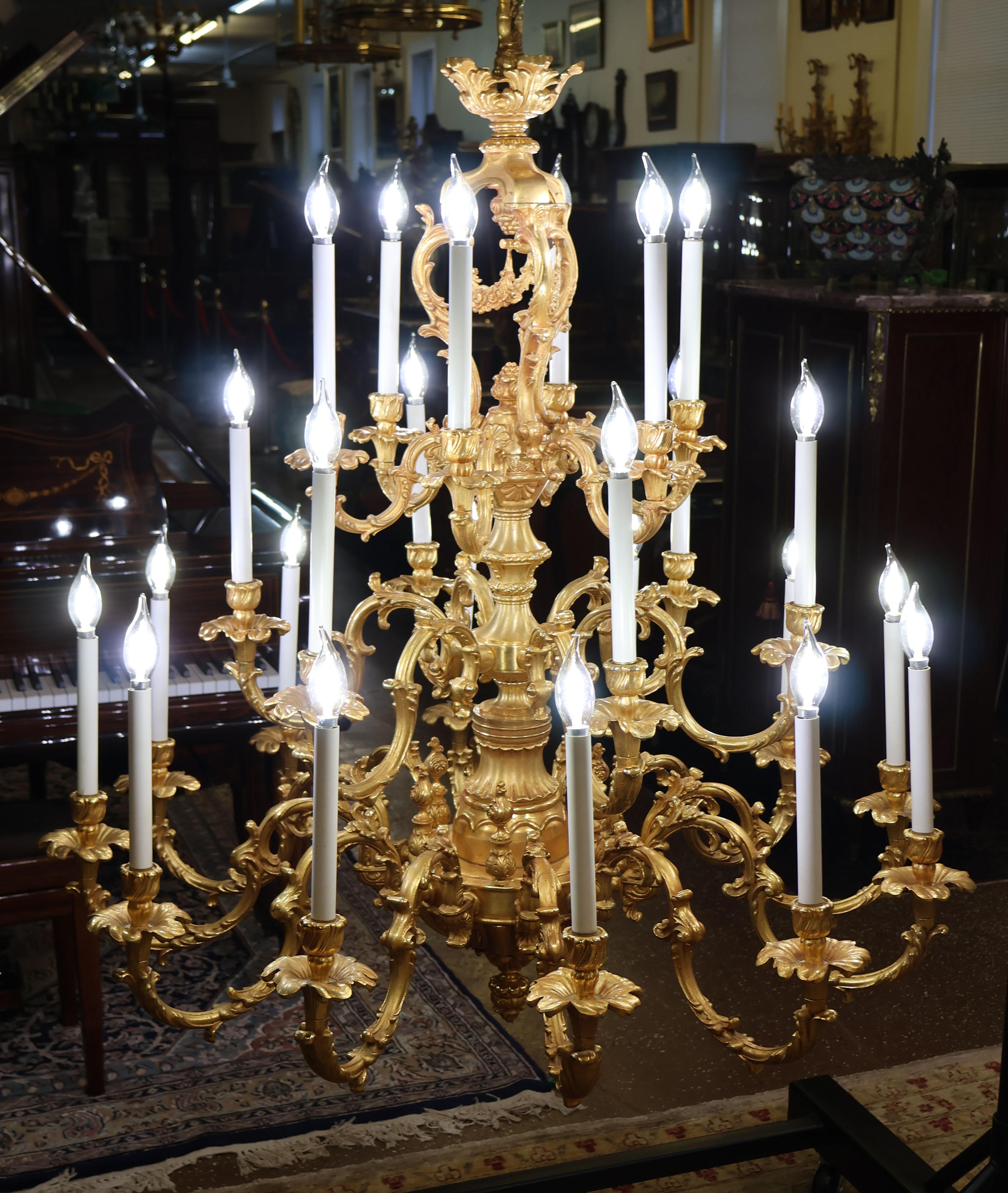 Late 20th Century Monumental Italian Rococo Style 20 Light Bronze Gold Dore Chandelier By FBAI For Sale