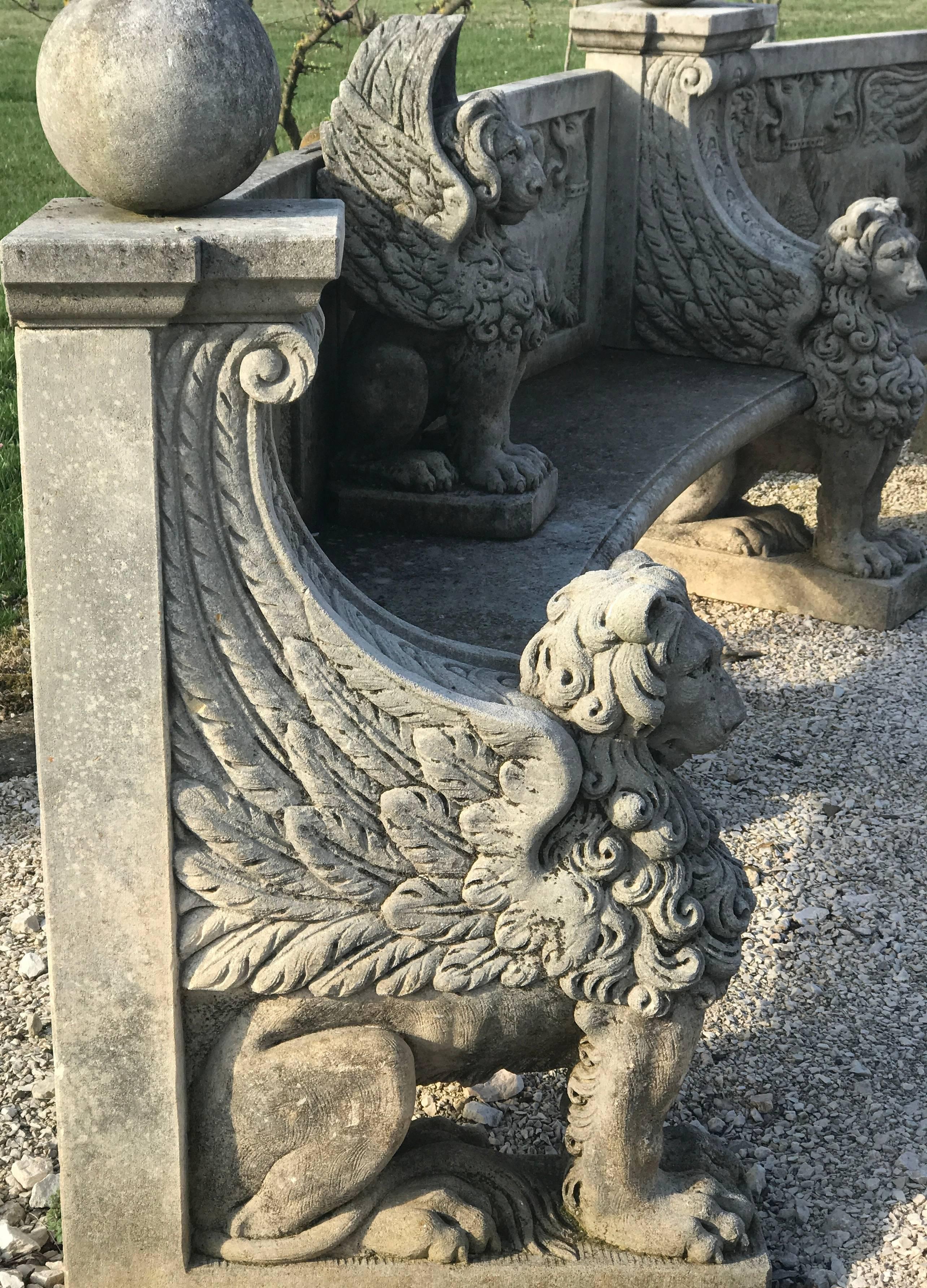 Of exceptional craftsmanship with stunning motifs in relief in ' Pietra di Vicenza'. Rich decoration of the armrest with Griffins and other fantastic animals.
Excellent vintage condition.
It was part of a lush garden of a Venetian Villa.