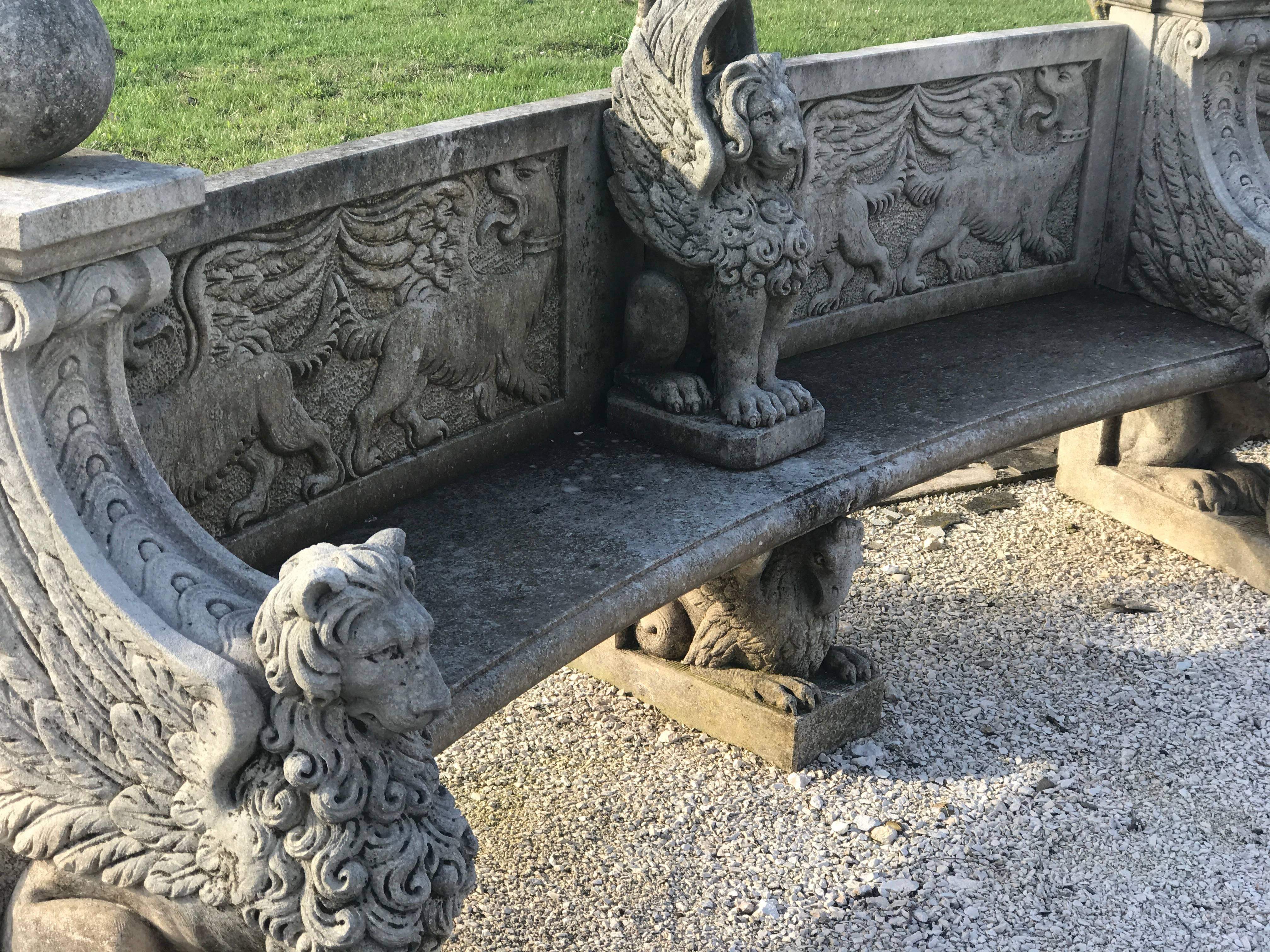 20th Century Monumental Italian Semi Circular Finely Carved Stone Bench