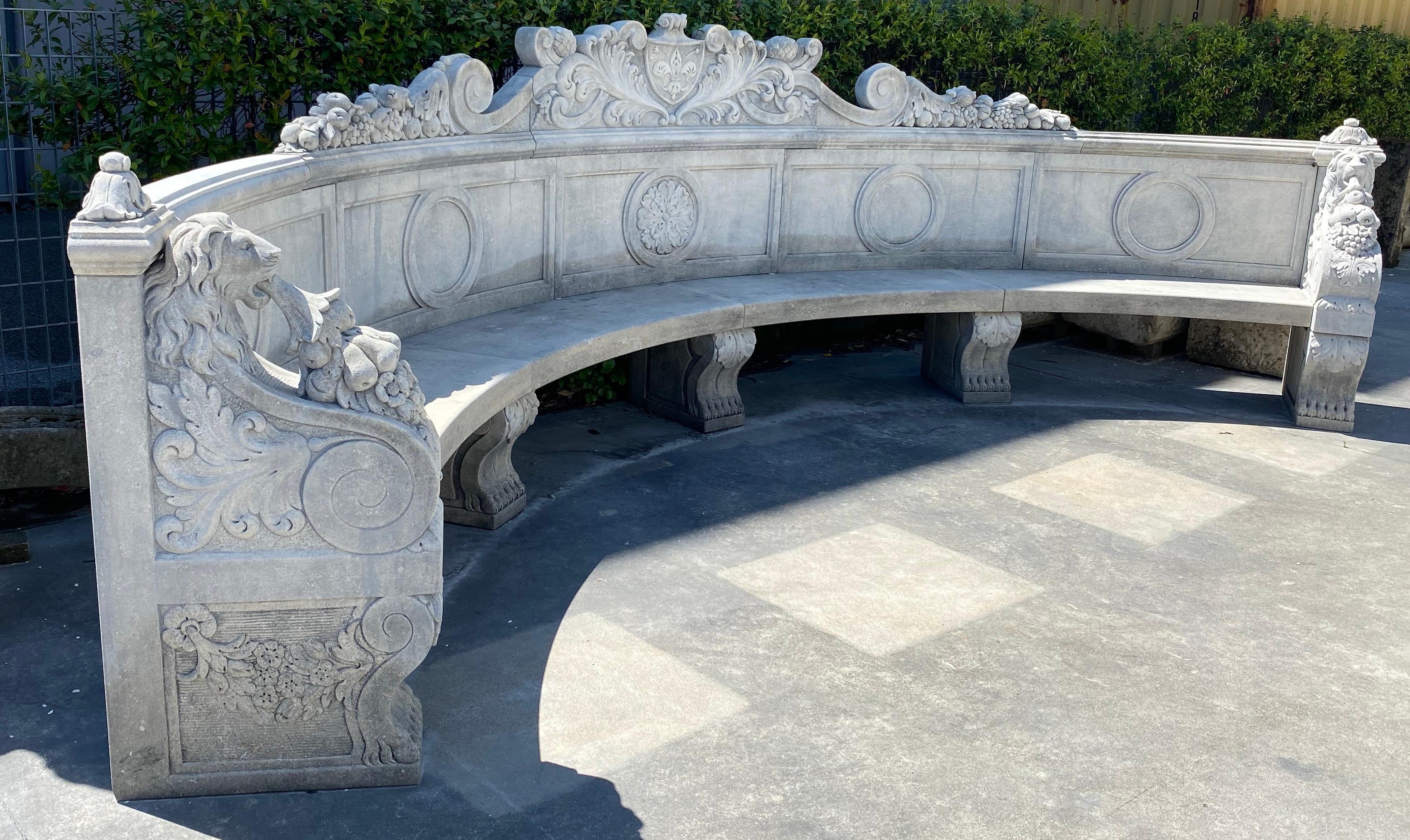 Exceptional craftsmanship with stunning motifs in relief in ' Pietra di Vicenza'. Rich decoration of the armrest with Griffins and garland -
Great decoration for Garden and Patio furniture.
This item can be disassembled and the elements individually