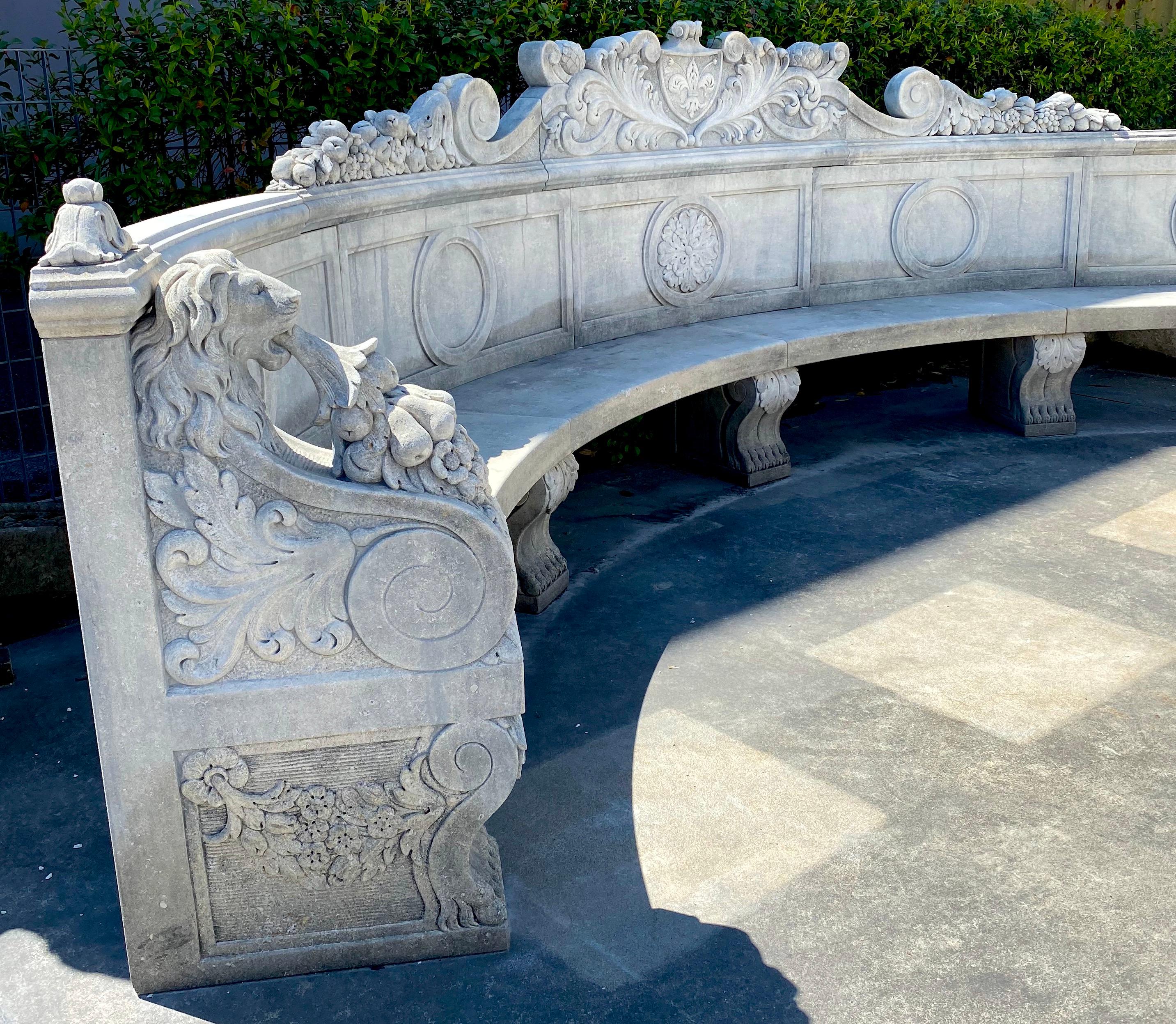 Monumental Italian Semi Circular Large Lime Stone Bench For Sale 3