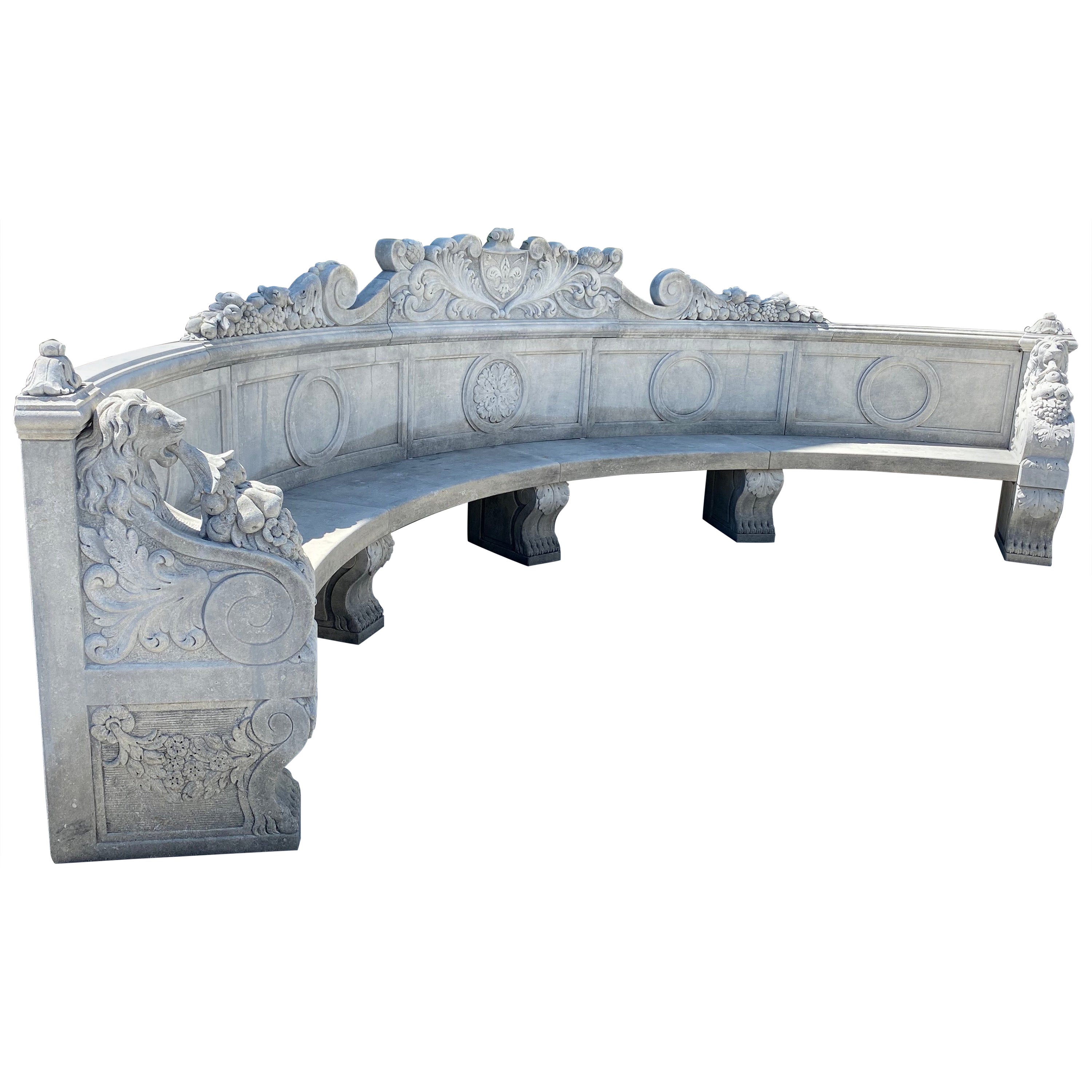 Monumental Italian Semi Circular Large Lime Stone Bench For Sale