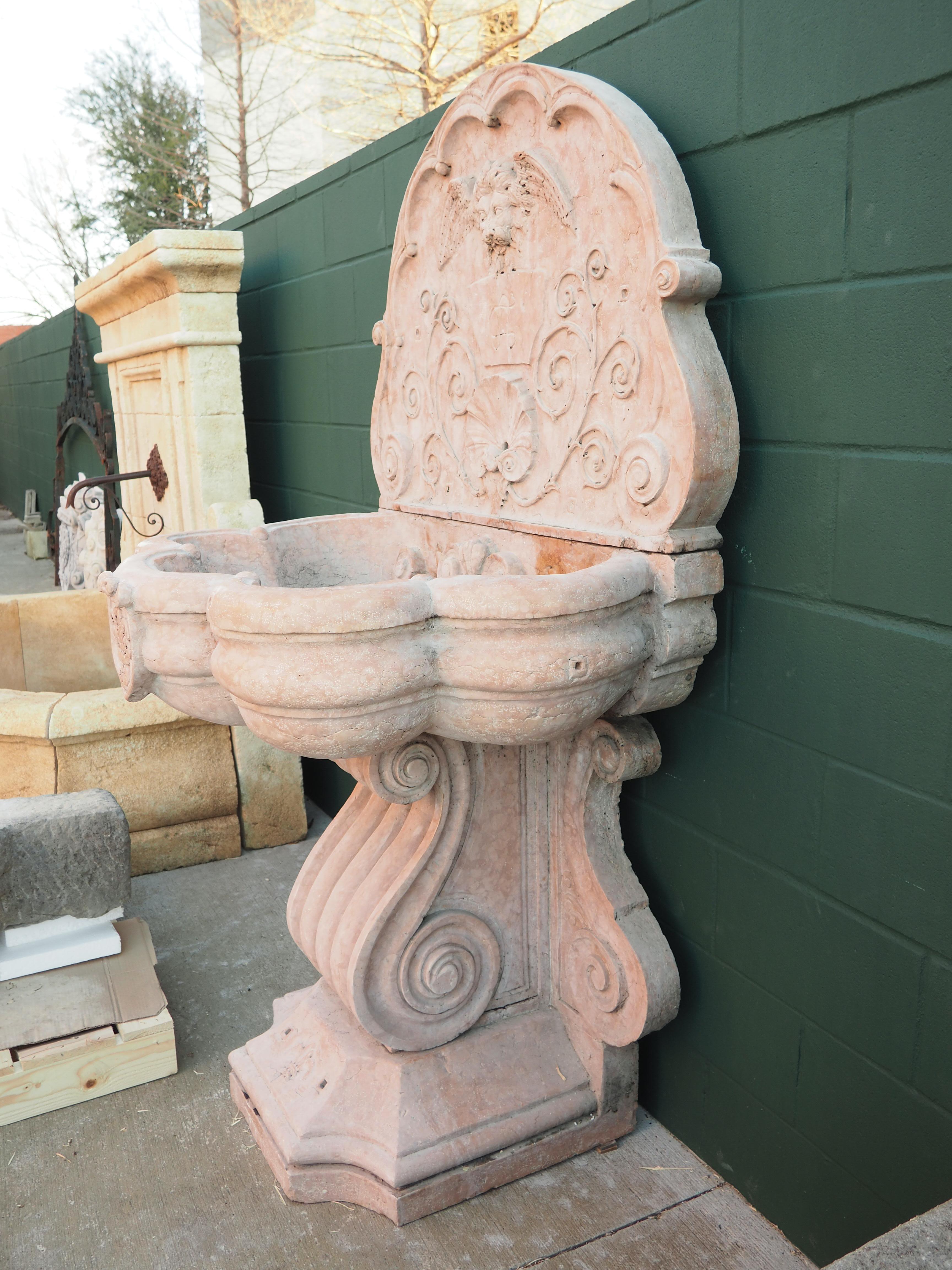 Renaissance Monumental Italian Wall Fountain in Carved Verona Rossa Marble, Early 1900s For Sale
