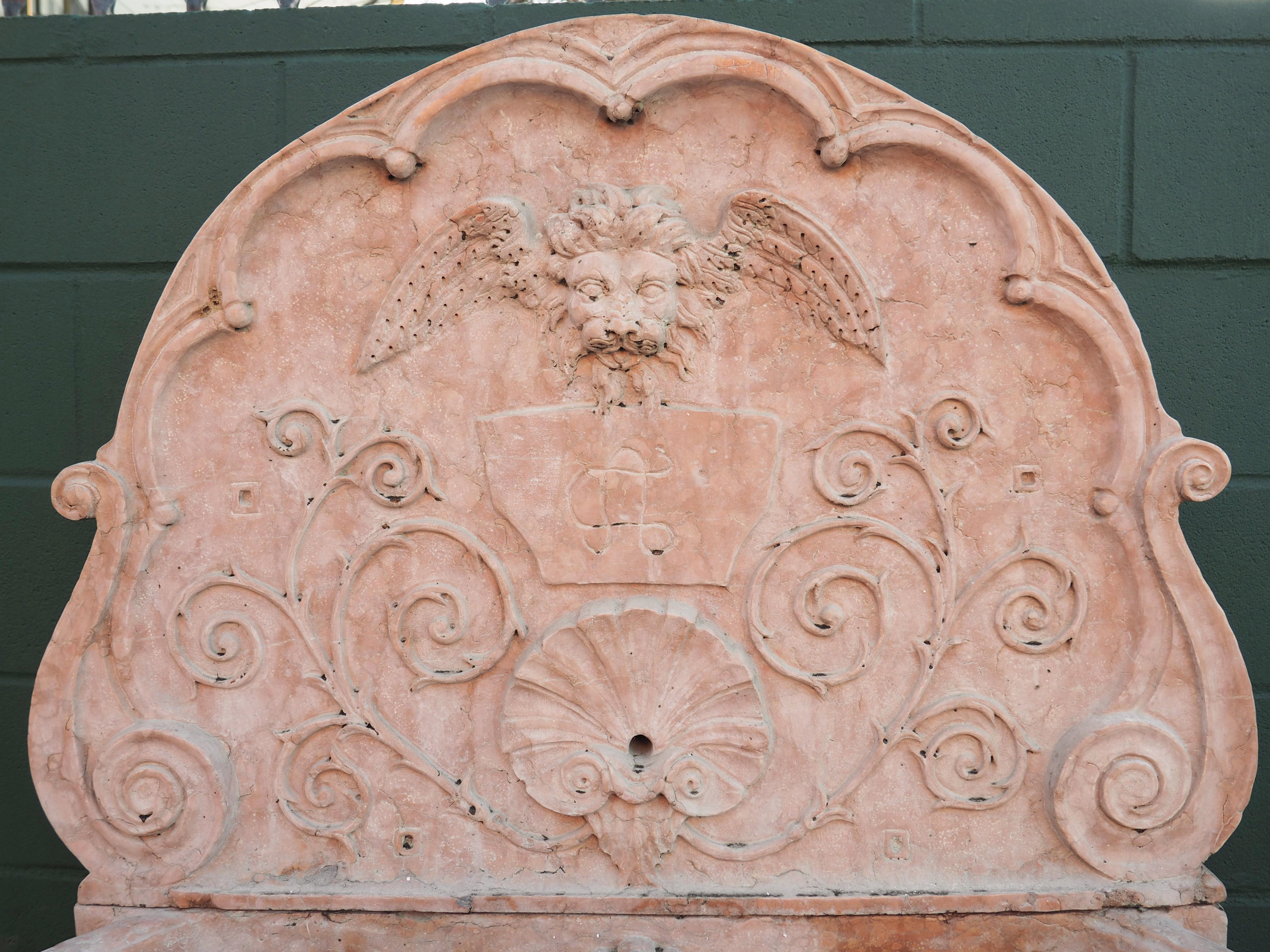 20th Century Monumental Italian Wall Fountain in Carved Verona Rossa Marble, Early 1900s For Sale