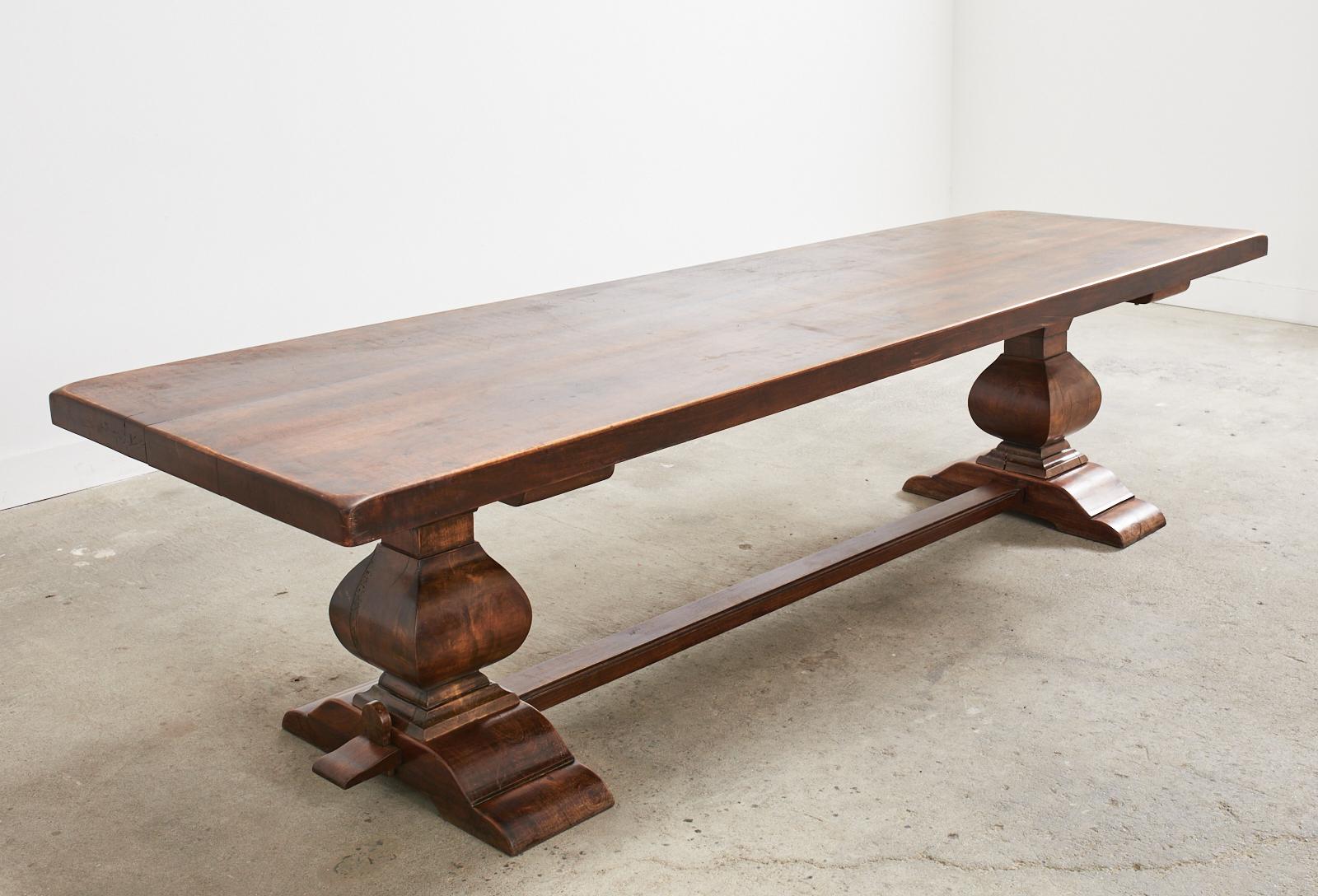 Monumental Italian Walnut Monastery Style Trestle Dining Table In Distressed Condition In Rio Vista, CA