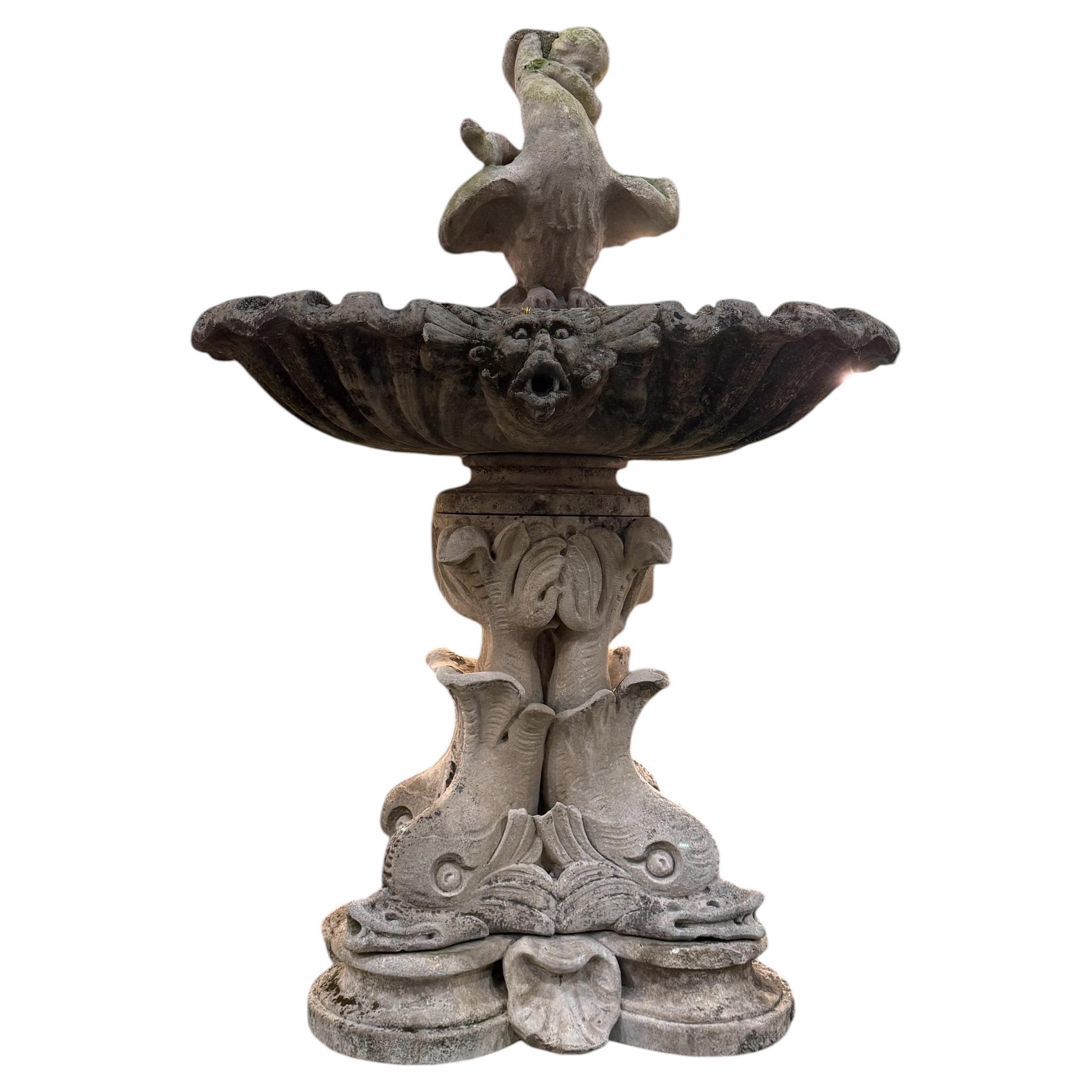 Monumental Italian Water Fountain with Delphine Sculptures