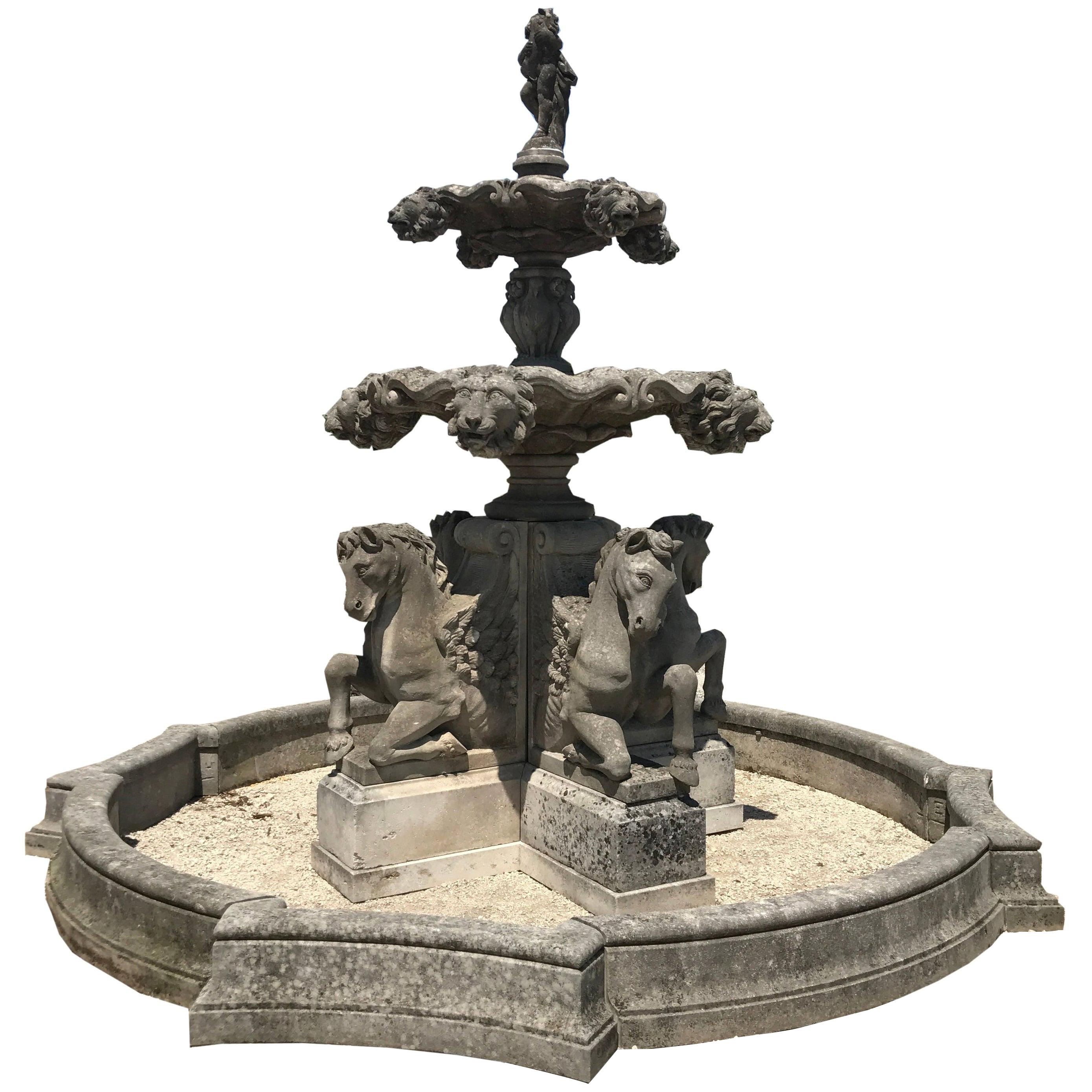 Monumental Italian Water Fountain with Horse Sculptures