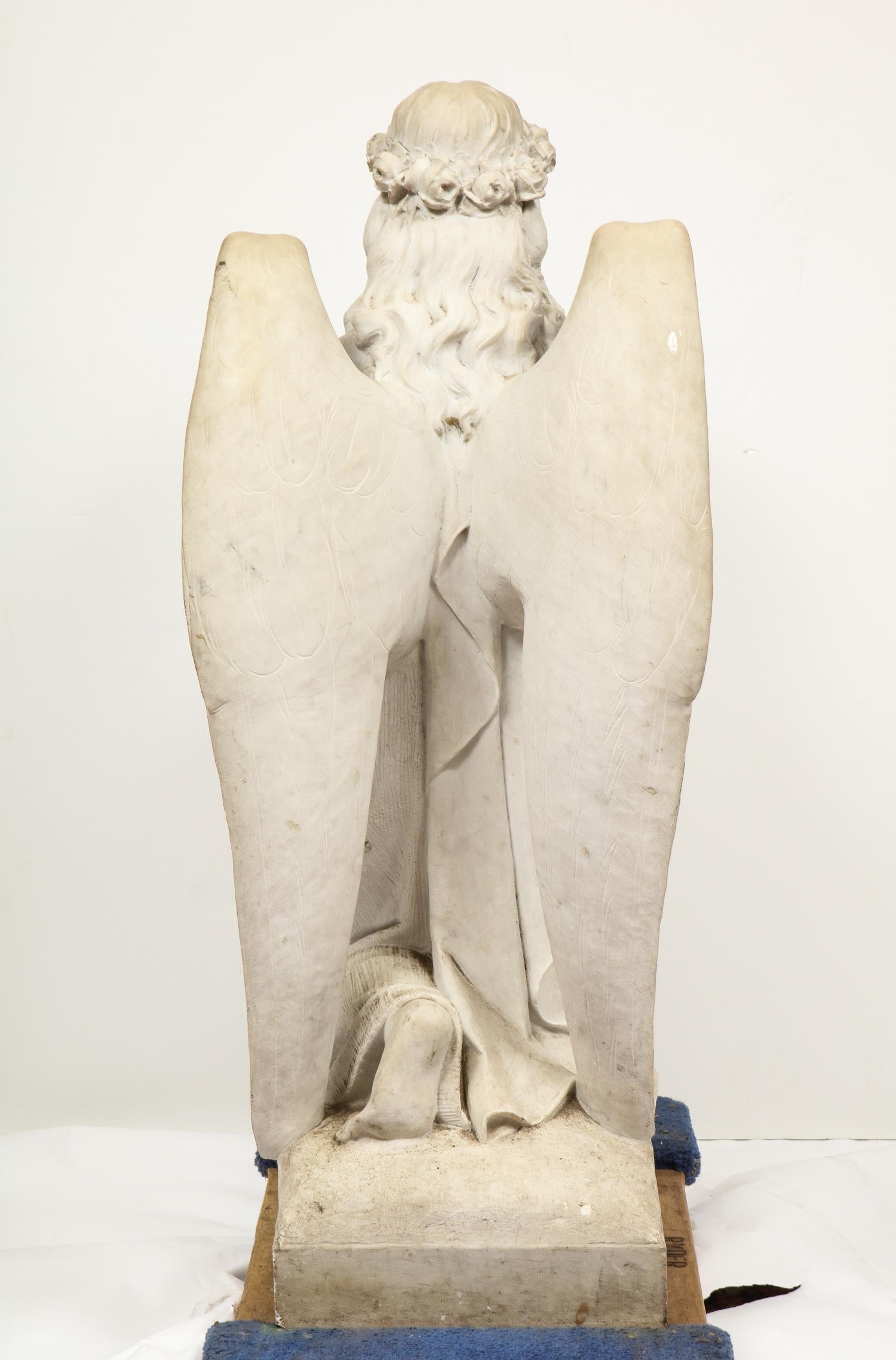 Monumental Italian White Marble Figure Sculpture of a Seated Winged Woman, 1870 11