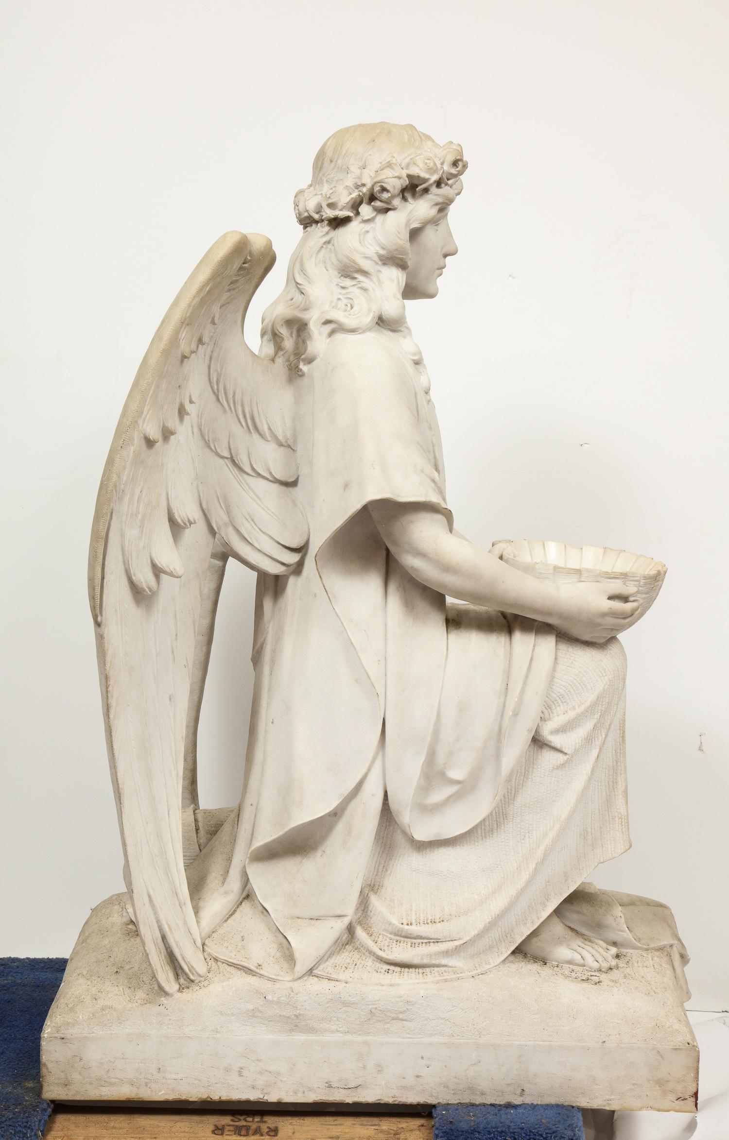 Monumental Italian White Marble Figure Sculpture of a Seated Winged Woman, 1870 12