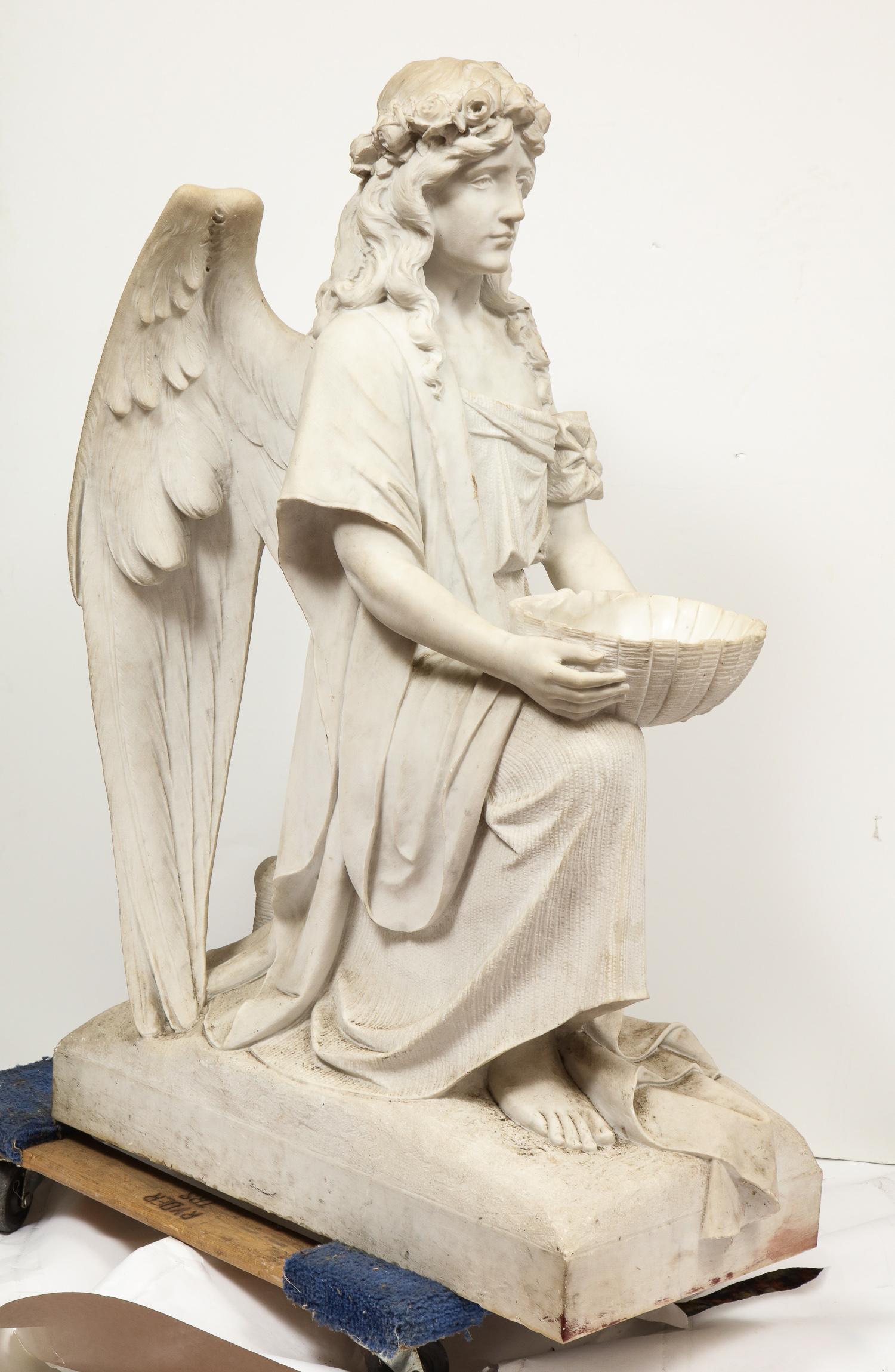 Monumental Italian White Marble Figure Sculpture of a Seated Winged Woman, 1870 13