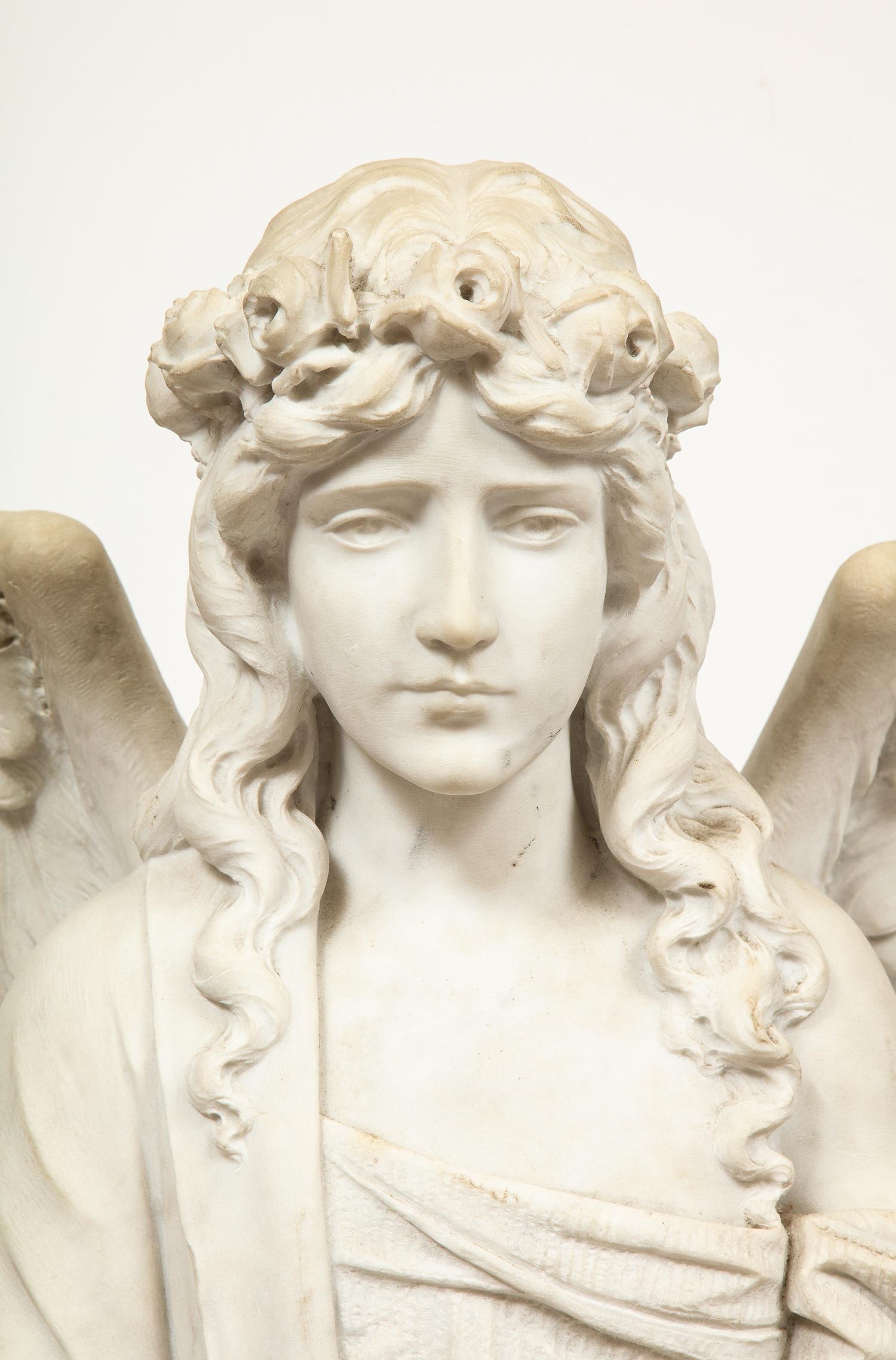 Monumental Italian White Marble Figure Sculpture of a Seated Winged Woman, 1870 1