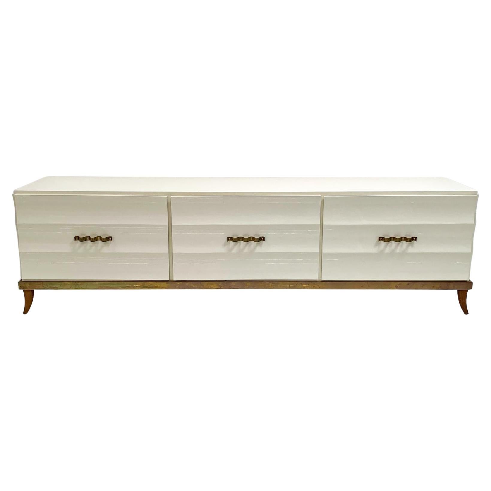 Monumental Ivory Lacquered and Aged Brass Credenza Style of Tommi Parzinger