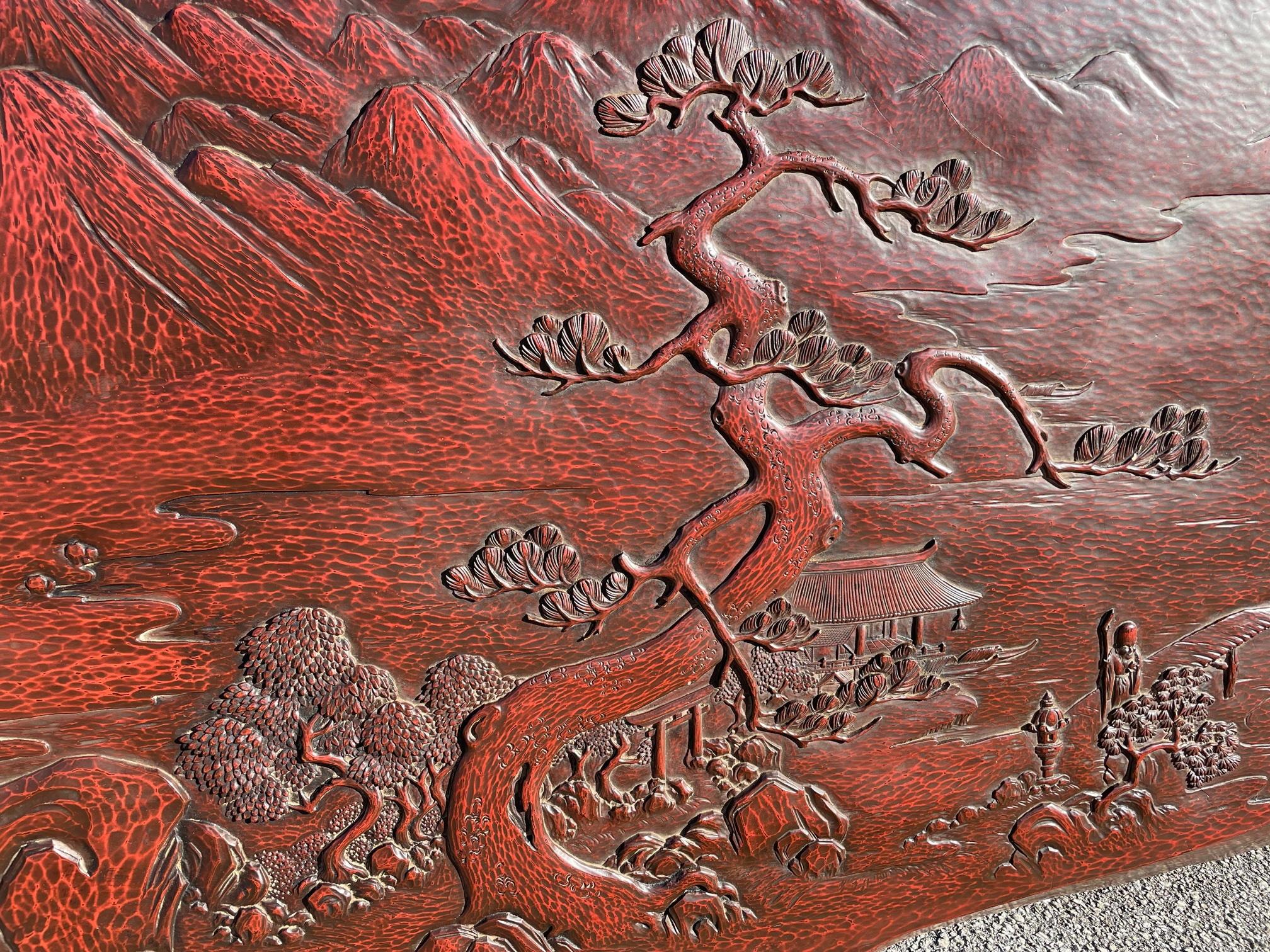 Japonisme Monumental Japanese Bas Relief Carving on Natural Wood Slab For Sale