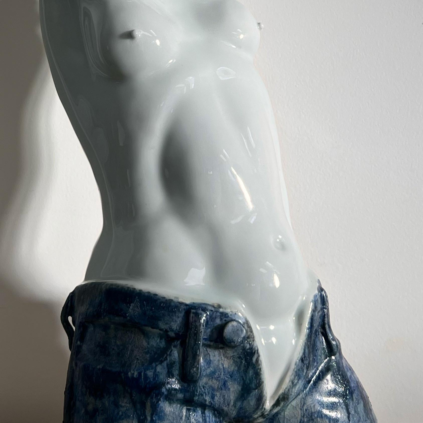 Monumental Japanese Ceramic Sculpture of the Denim-Clad Torso of a Femme, 20th C 12
