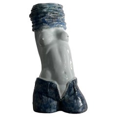 Monumental Japanese Ceramic Sculpture of the Denim-Clad Torso of a Femme, 20th C