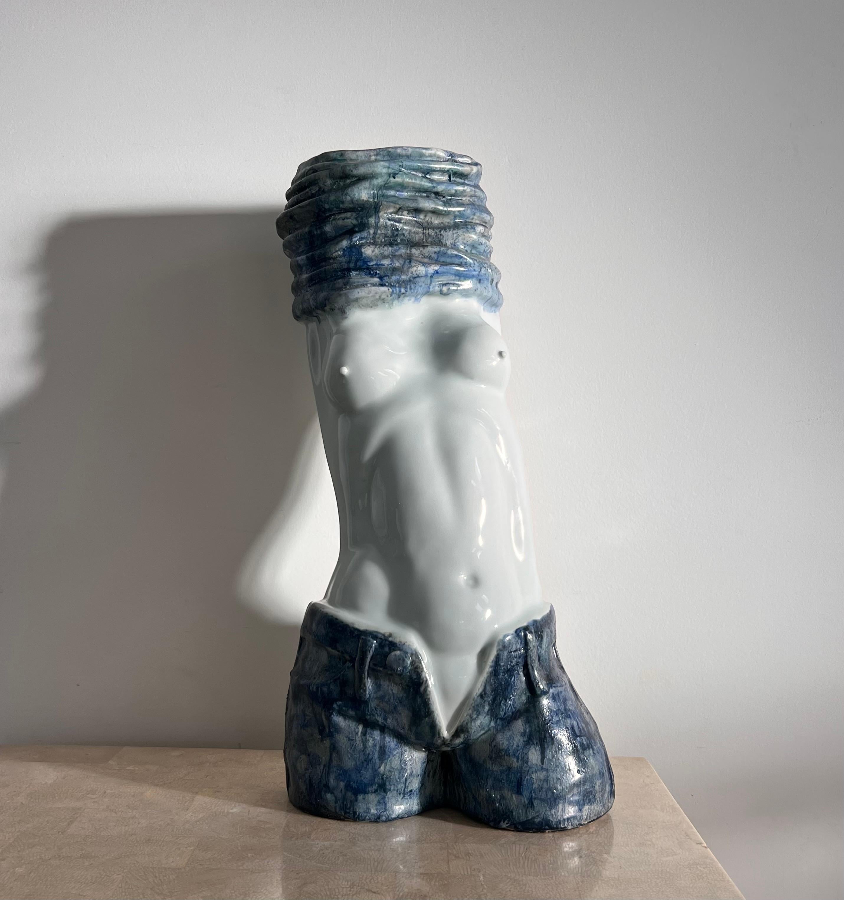 Monumental Japanese Ceramic Sculpture of the Denim-Clad Torso of a Femme, 20th C In Good Condition In View Park, CA