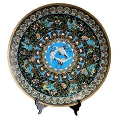 Monumental Japanese Cloisonne Enamel Charger Cranes Attributed, Hayashi Kodenji