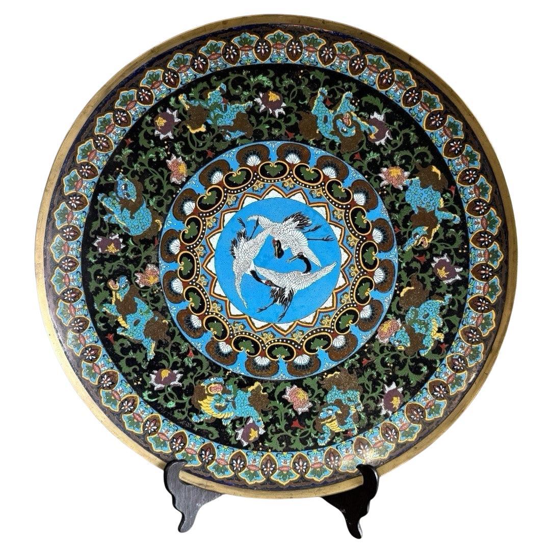 Monumental Japanese Cloisonne Enamel Charger Cranes Attributed, Hayashi Kodenji For Sale