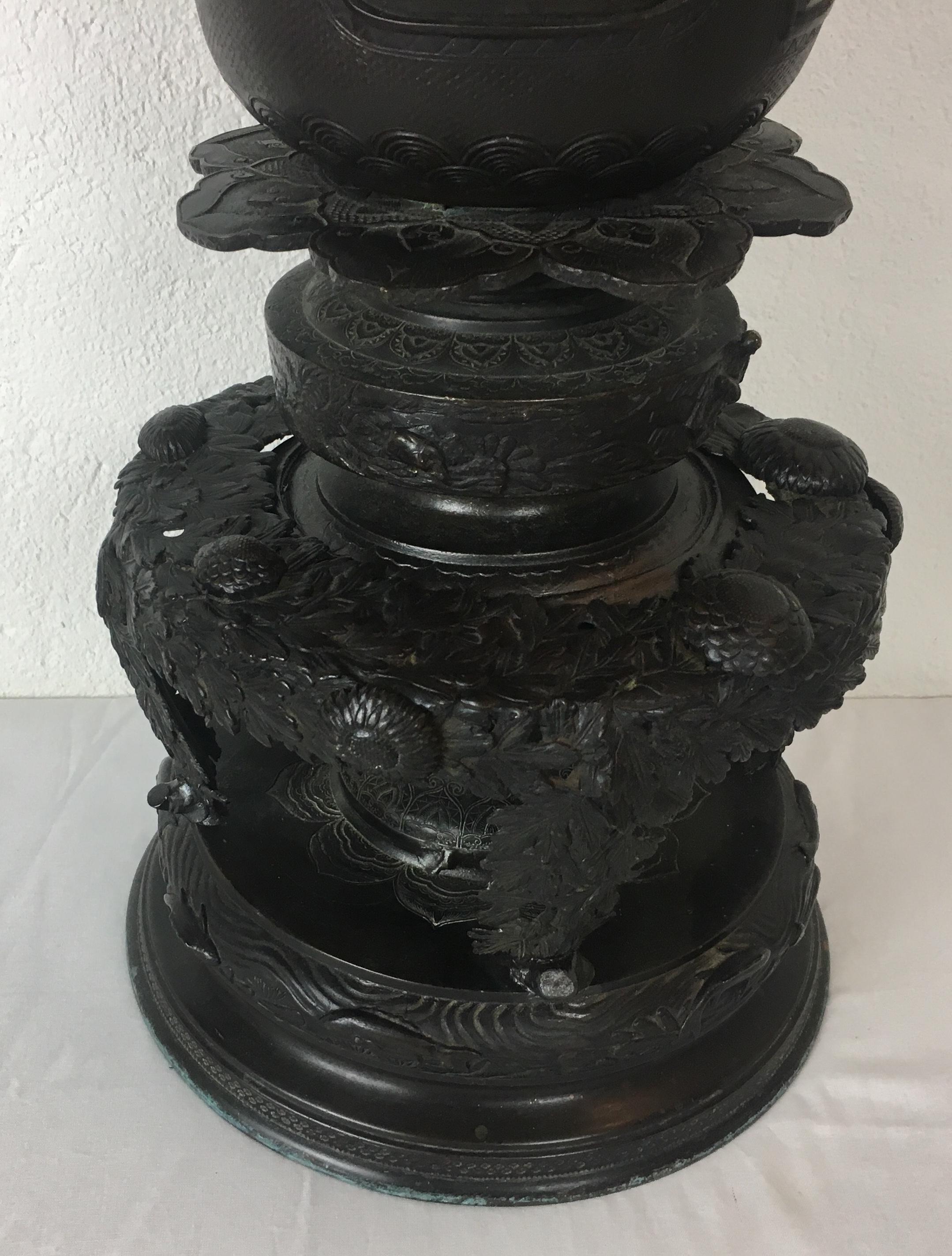 Monumental Japanese Meiji Period Bronze Ikebana Vase, Signed 5