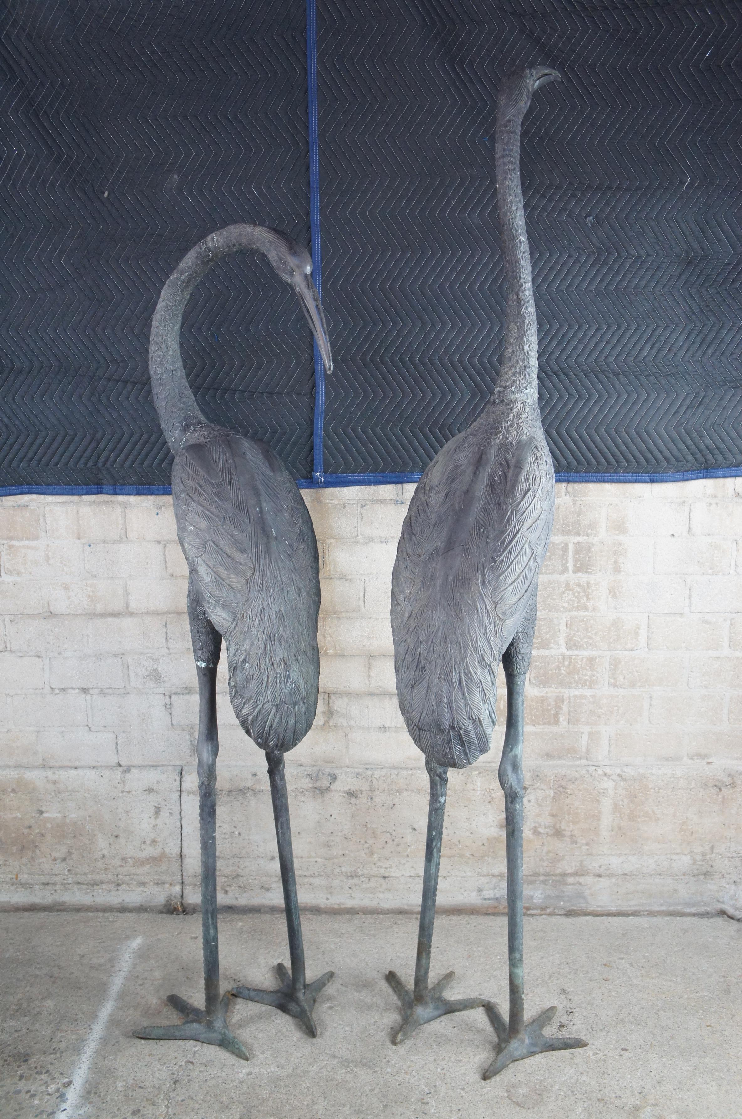 Monumental Japanese Pair Verdigris Bronze Crane Bird Garden Sculptures Statues 8 6